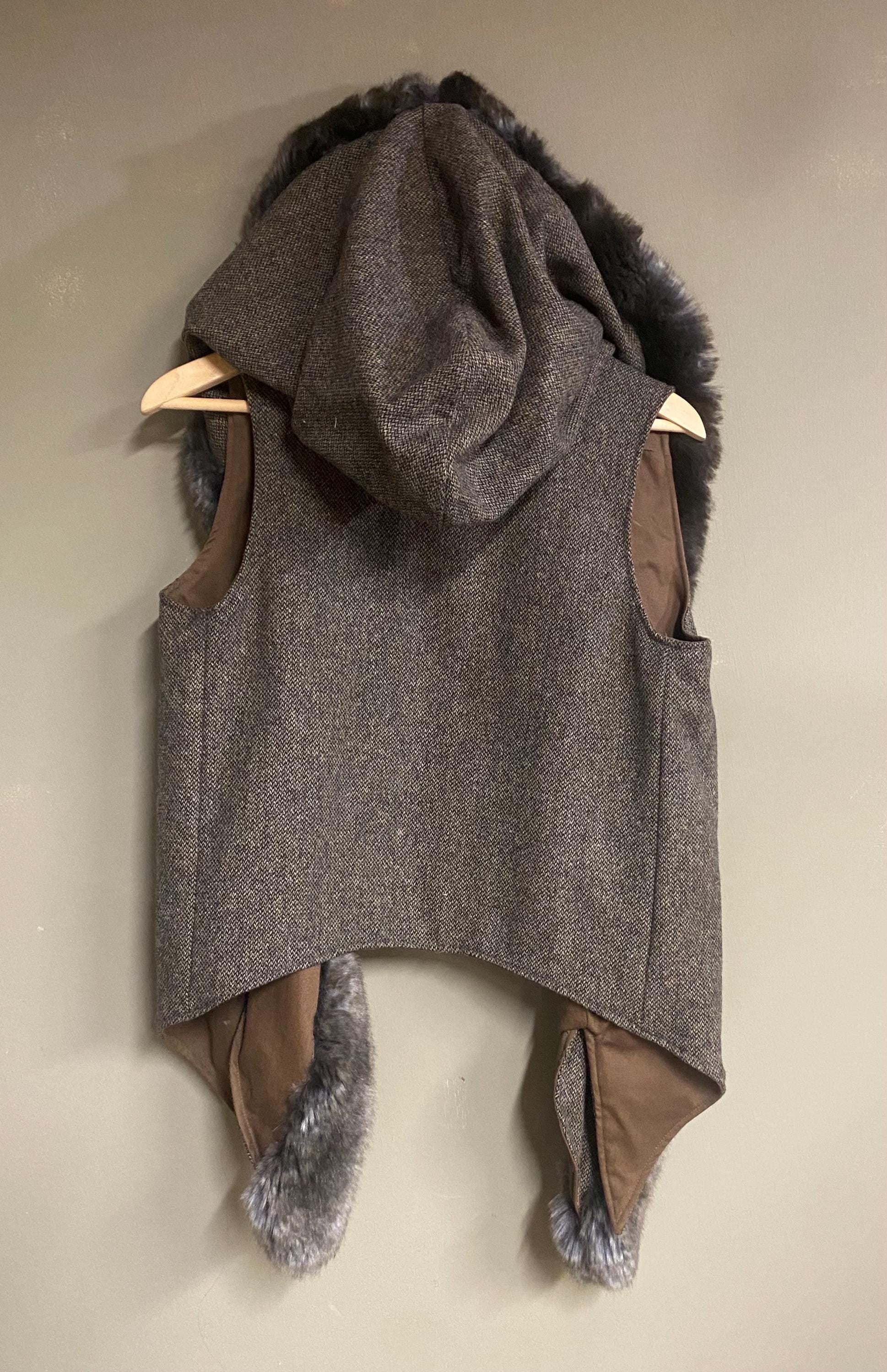 Grey Tweed Hooded Cape Vest with Faux Fur Trim, Handmade Hooded Vest, Boho Layering Piece, Threads of Creation Capsule