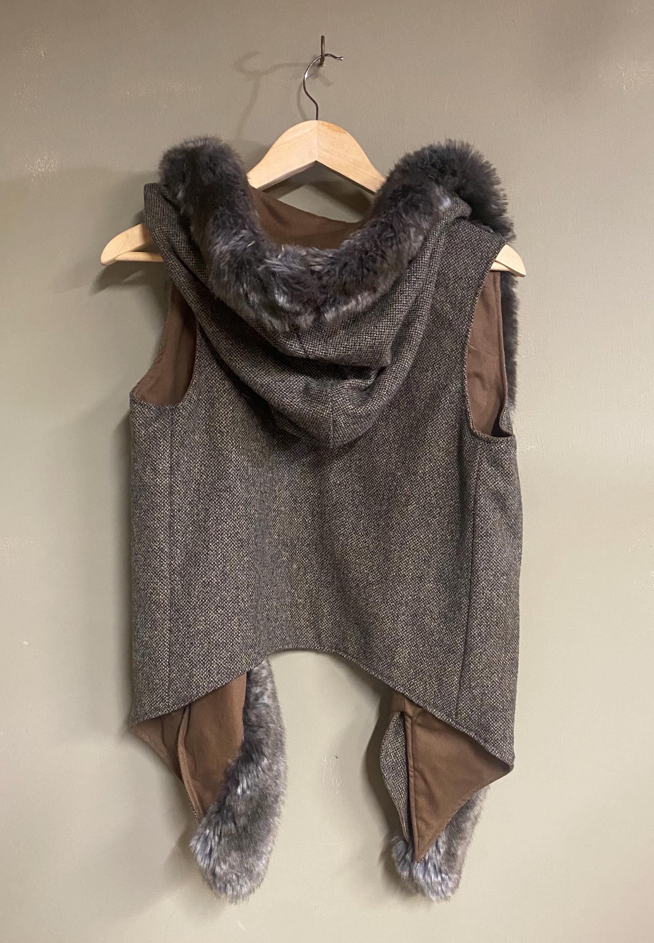 Grey Tweed Hooded Cape Vest with Faux Fur Trim, Handmade Hooded Vest, Boho Layering Piece, Threads of Creation Capsule