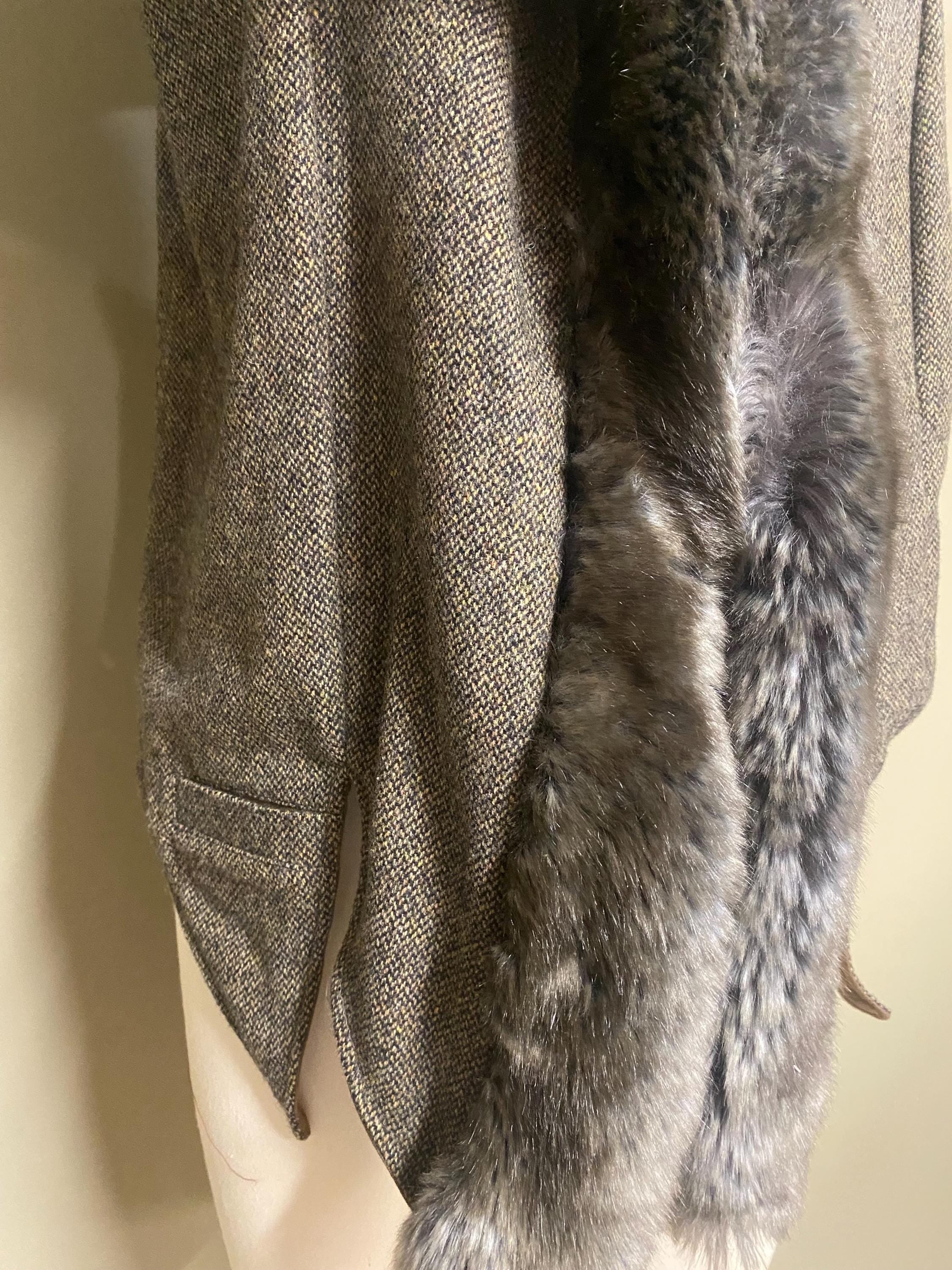 Grey Tweed Hooded Cape Vest with Faux Fur Trim, Handmade Hooded Vest, Boho Layering Piece, Threads of Creation Capsule