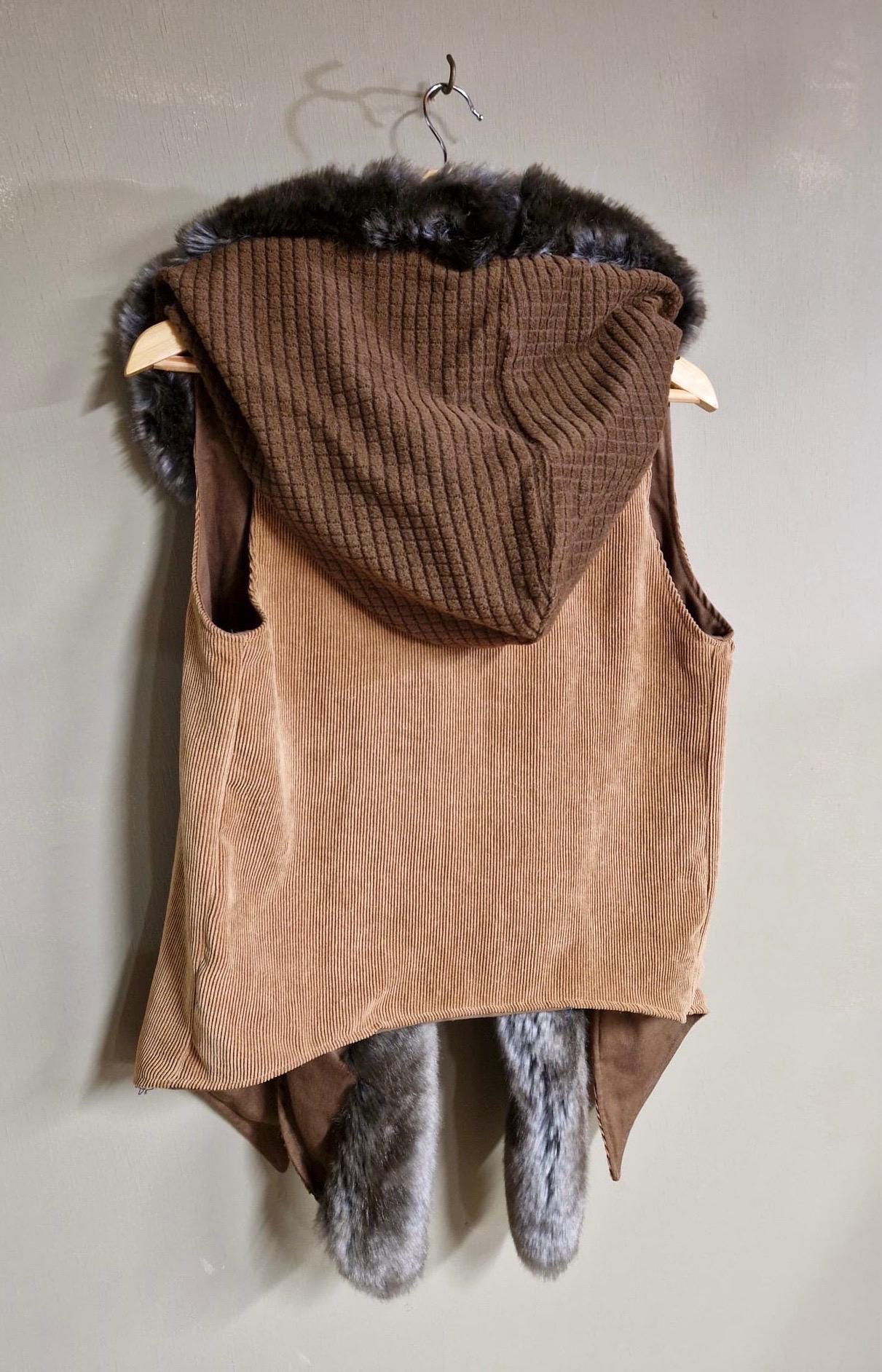 Long Hooded Fur Edged Vest in Beige Corduroy and Brown Squares
