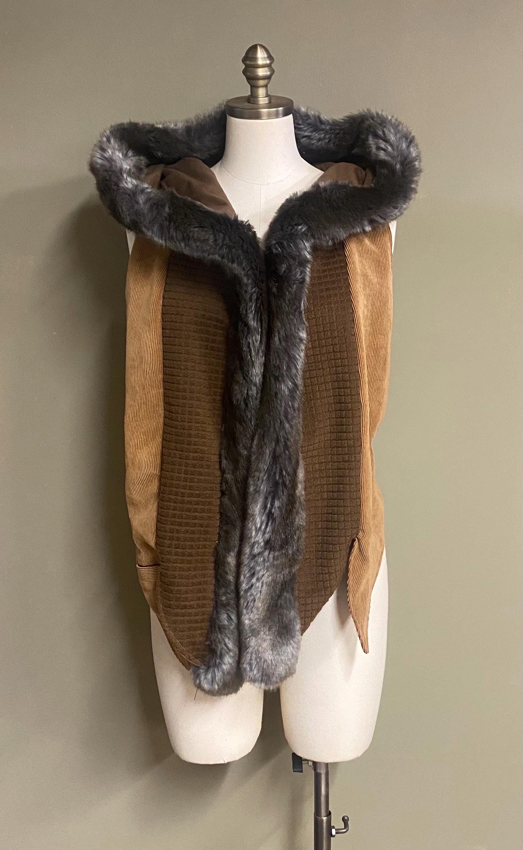Long Hooded Fur Edged Vest in Beige Corduroy and Brown Squares
