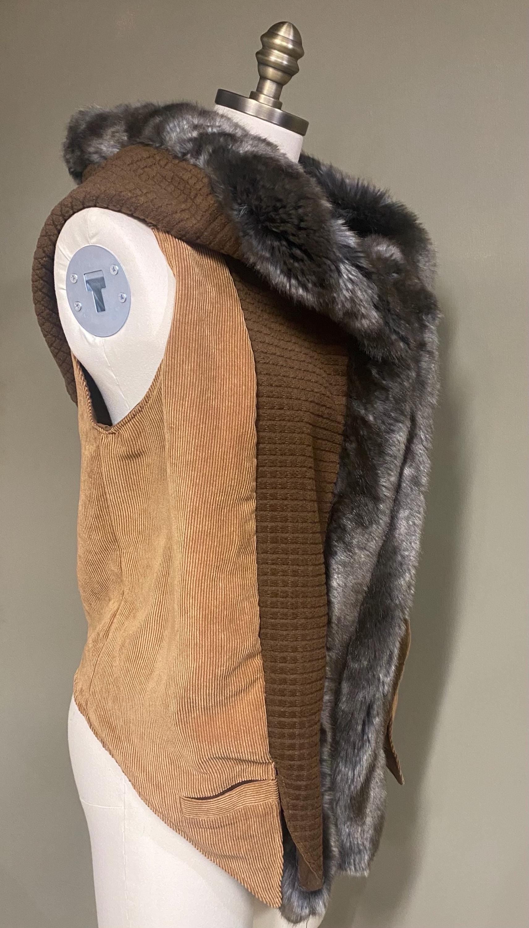 Long Hooded Fur Edged Vest in Beige Corduroy and Brown Squares