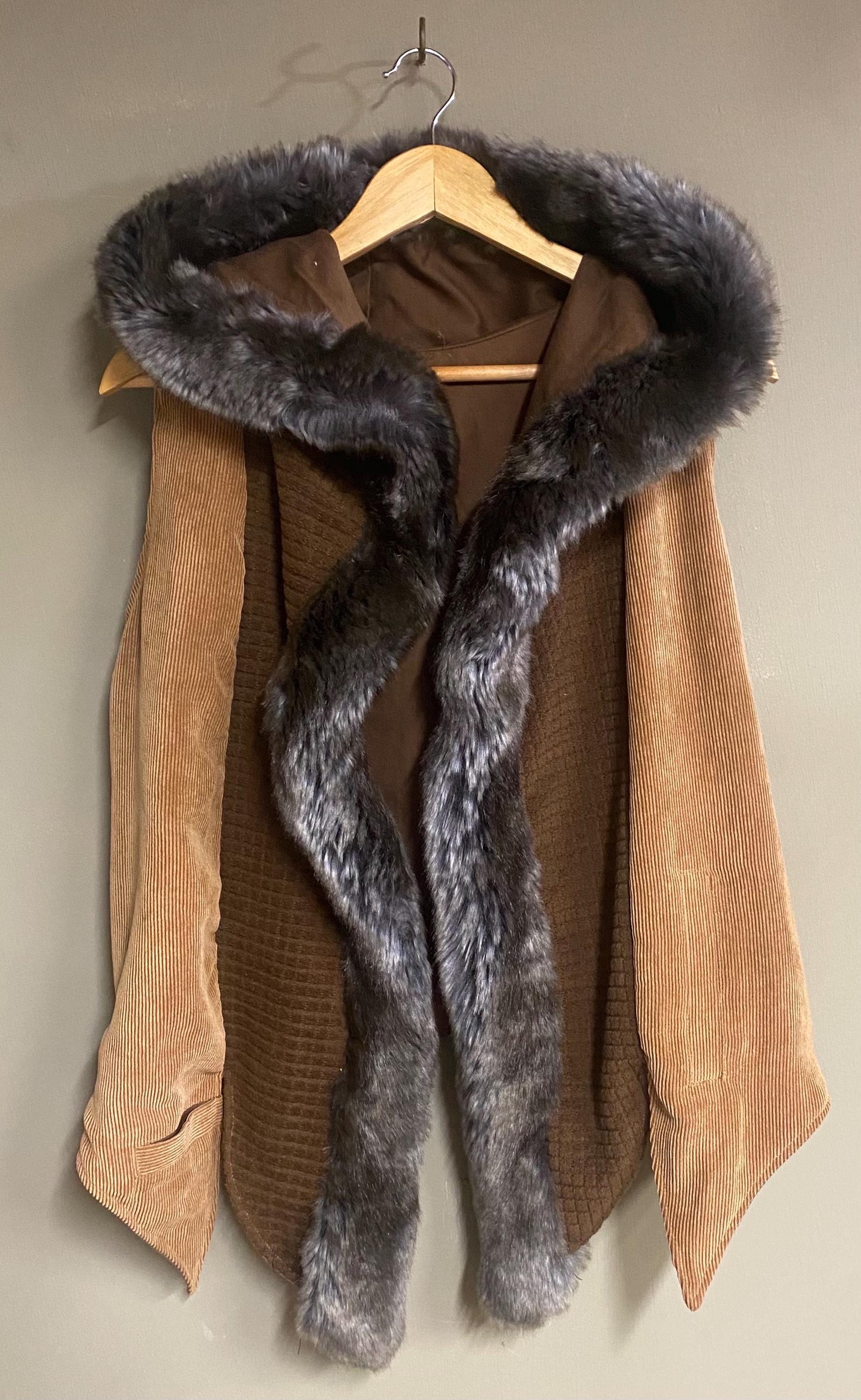 Long Hooded Fur Edged Vest in Beige Corduroy and Brown Squares
