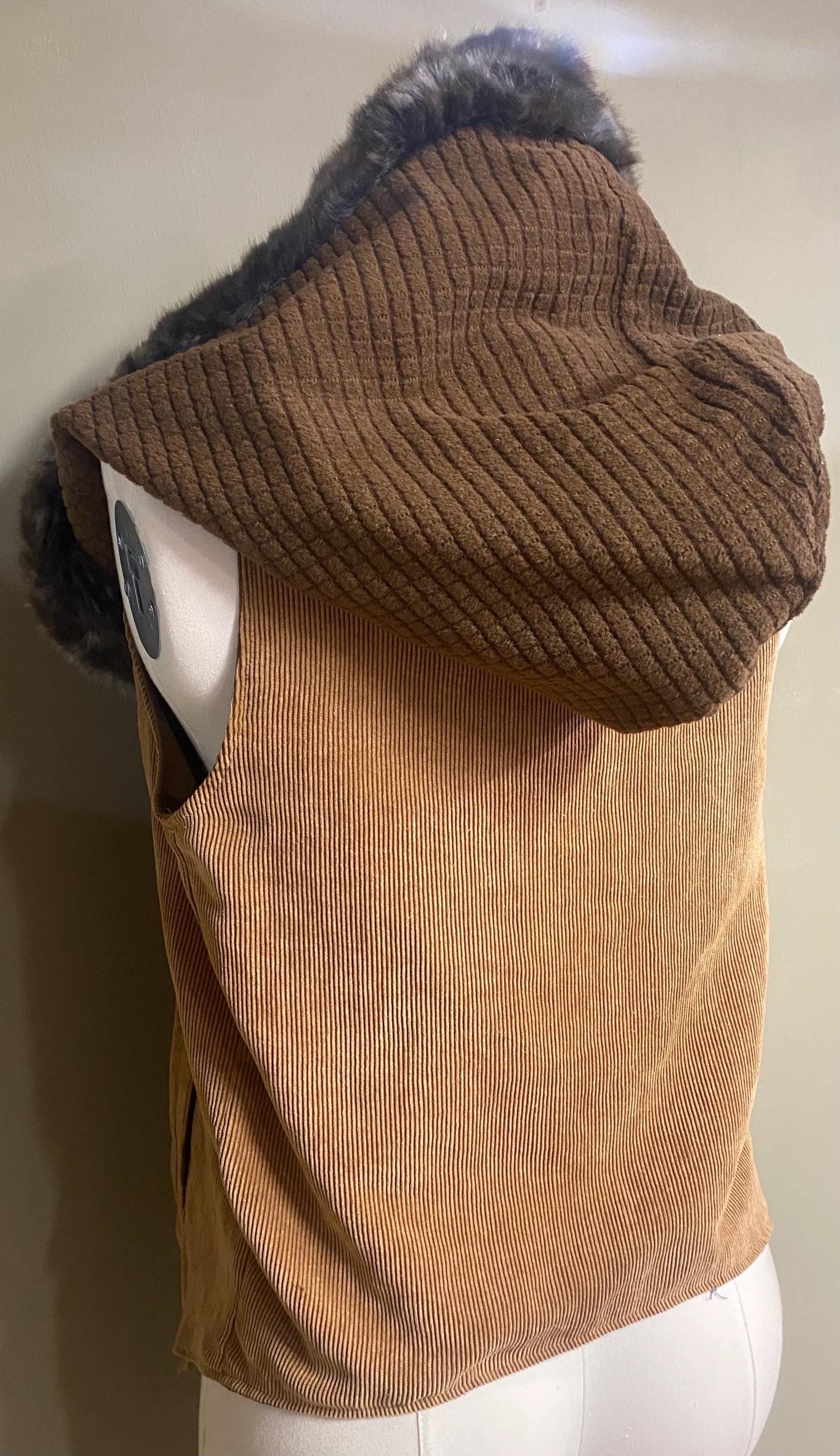 Long Hooded Fur Edged Vest in Beige Corduroy and Brown Squares