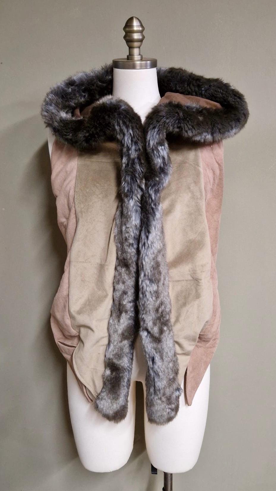 Threads of Creation Upcycled Suede Hooded Vest Faux Fur Trim Handmade Hooded Cape Vest Artisan Layering Piece