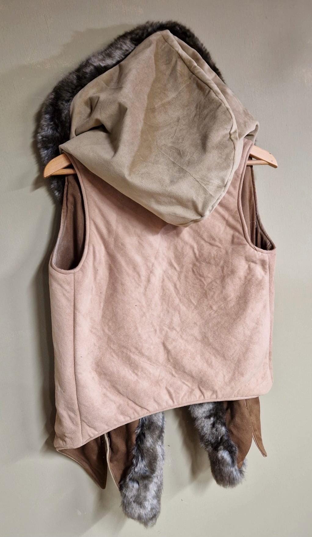 Threads of Creation Upcycled Suede Hooded Vest Faux Fur Trim Handmade Hooded Cape Vest Artisan Layering Piece