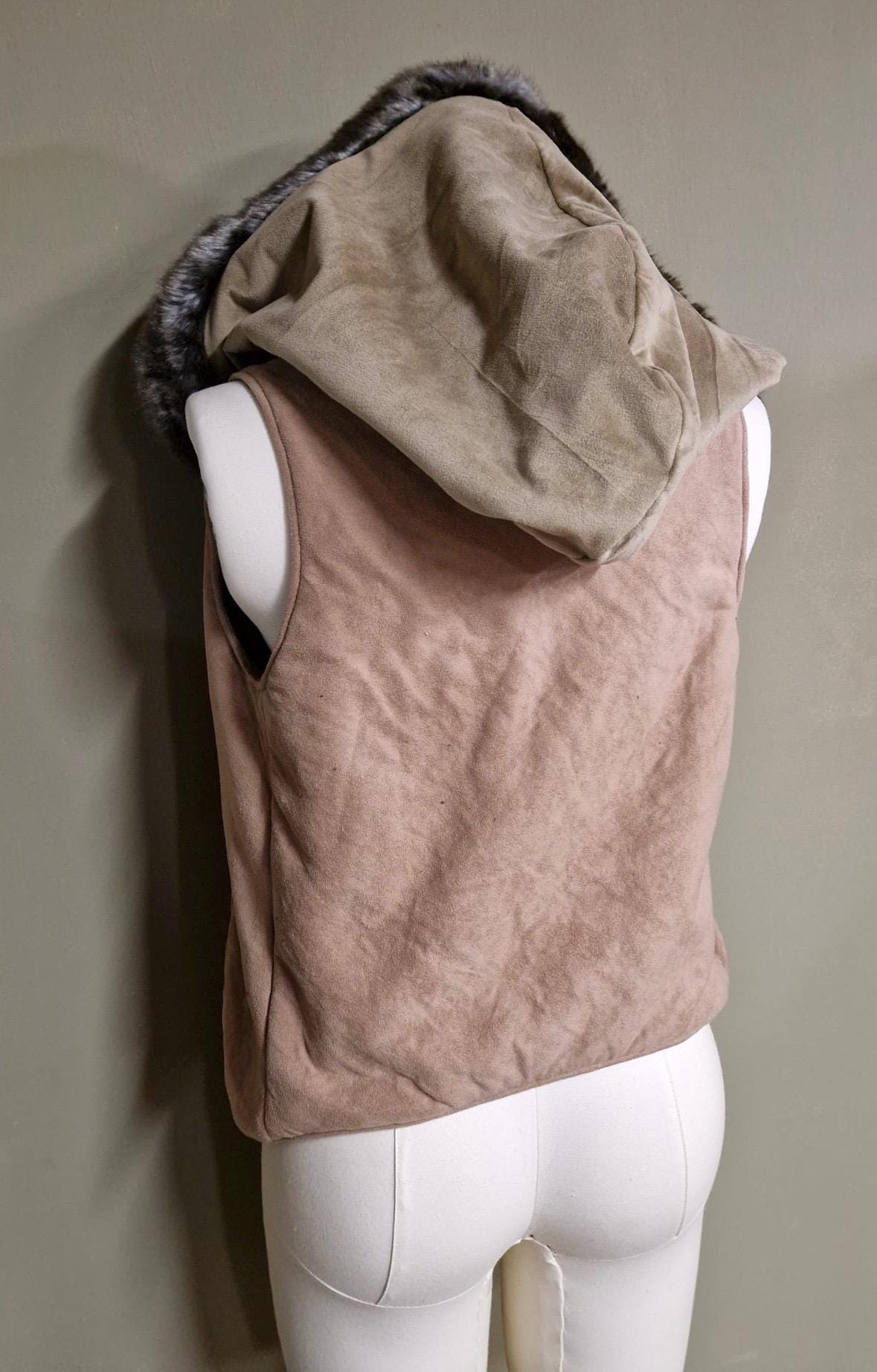 Threads of Creation Upcycled Suede Hooded Vest Faux Fur Trim Handmade Hooded Cape Vest Artisan Layering Piece