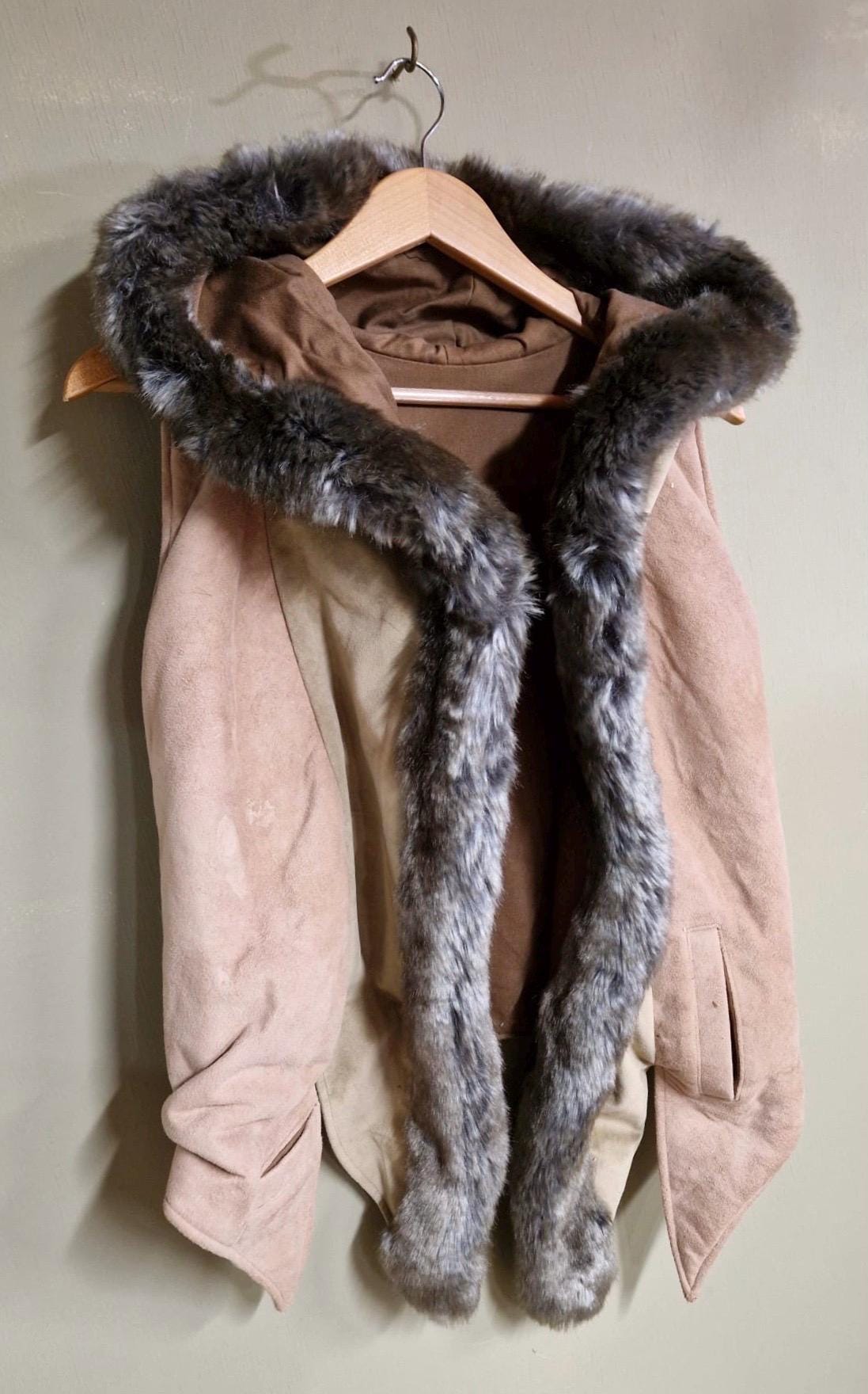Threads of Creation Upcycled Suede Hooded Vest Faux Fur Trim Handmade Hooded Cape Vest Artisan Layering Piece