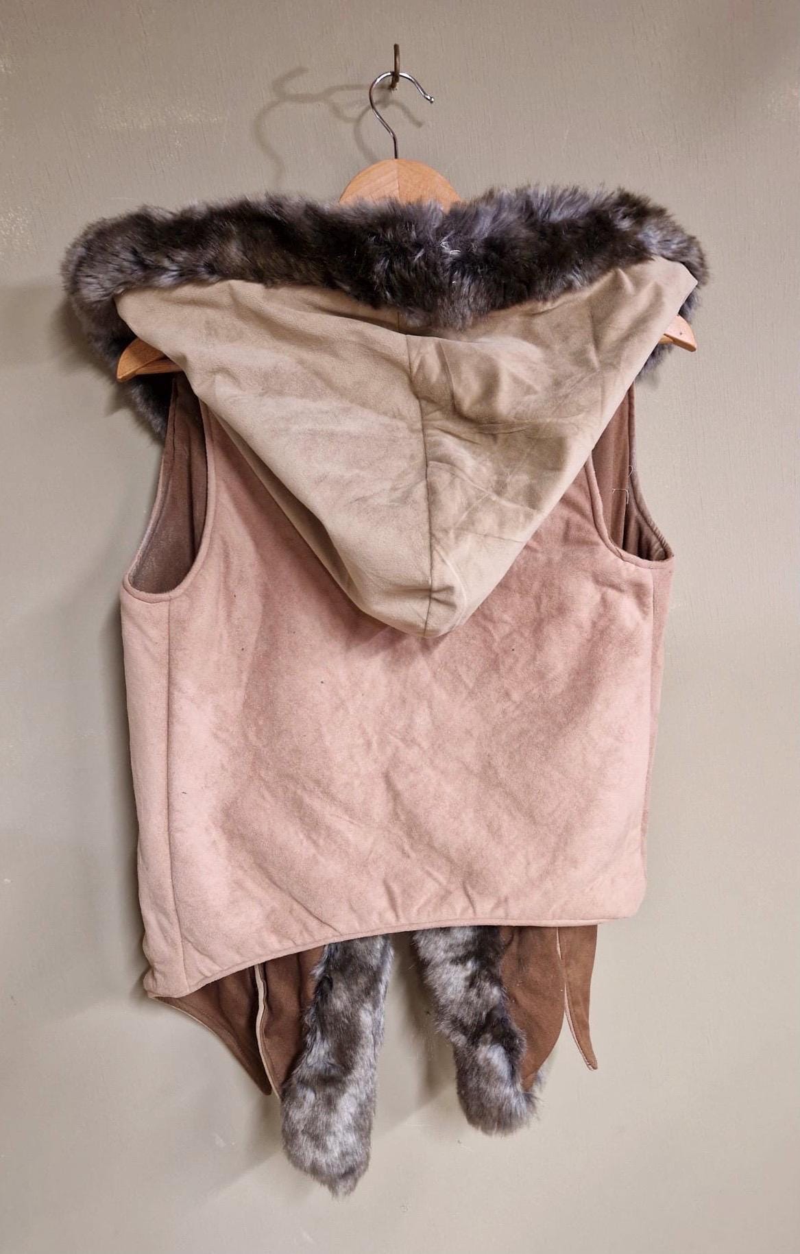 Threads of Creation Upcycled Suede Hooded Vest Faux Fur Trim Handmade Hooded Cape Vest Artisan Layering Piece