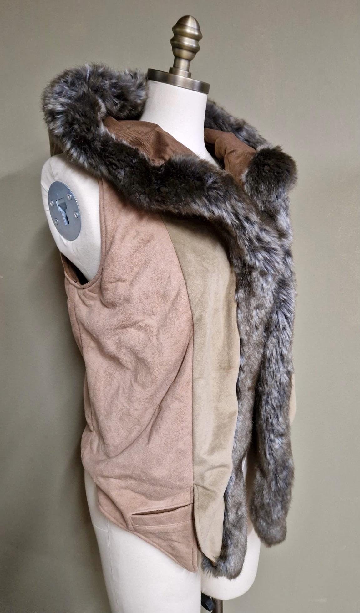 Threads of Creation Upcycled Suede Hooded Vest Faux Fur Trim Handmade Hooded Cape Vest Artisan Layering Piece