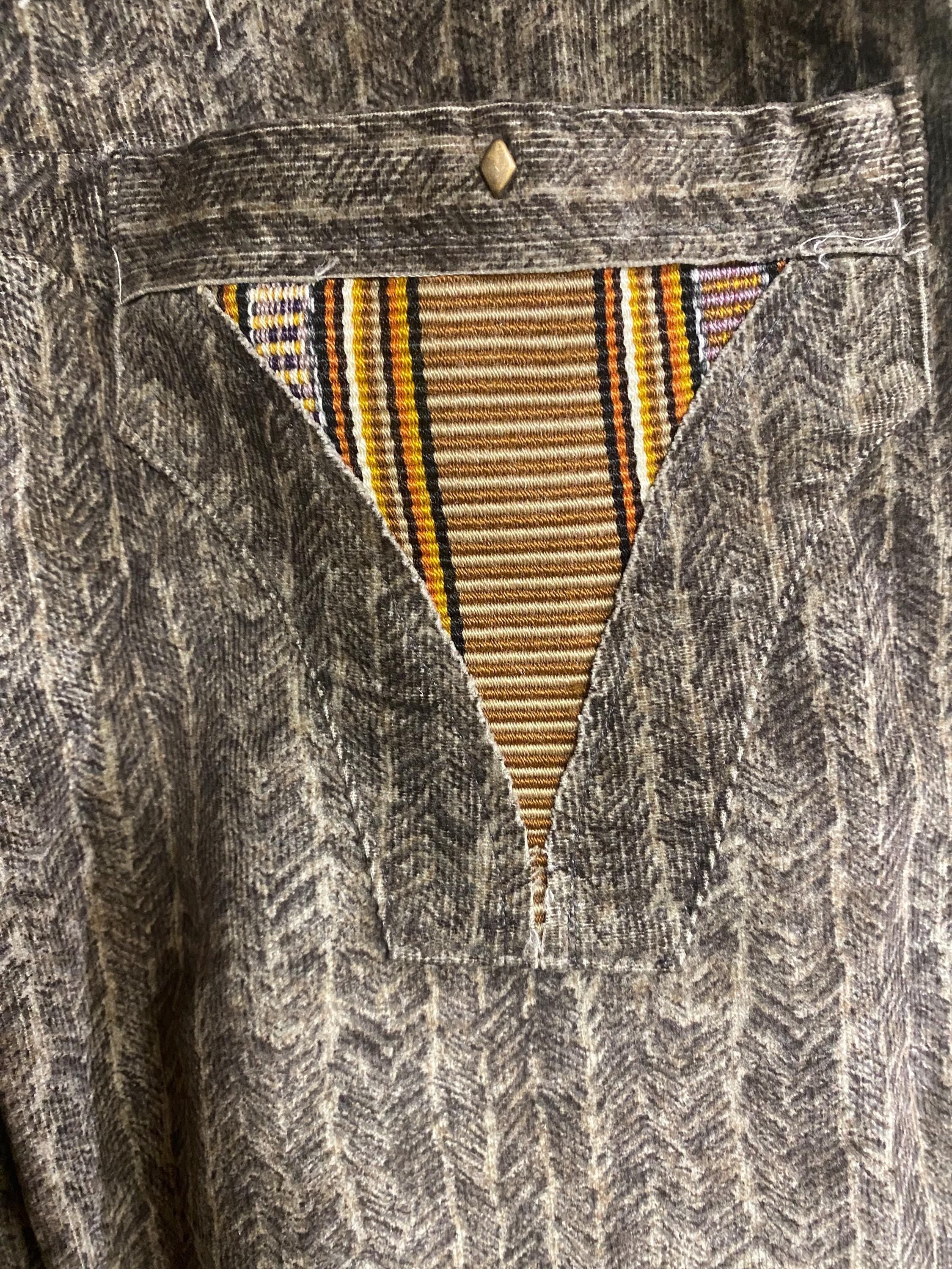 Threads of Creation Herringbone Corduroy Pants | Ruched Skinny Pants | Low Rise Boho Trousers with Guatemalan Textile Accent