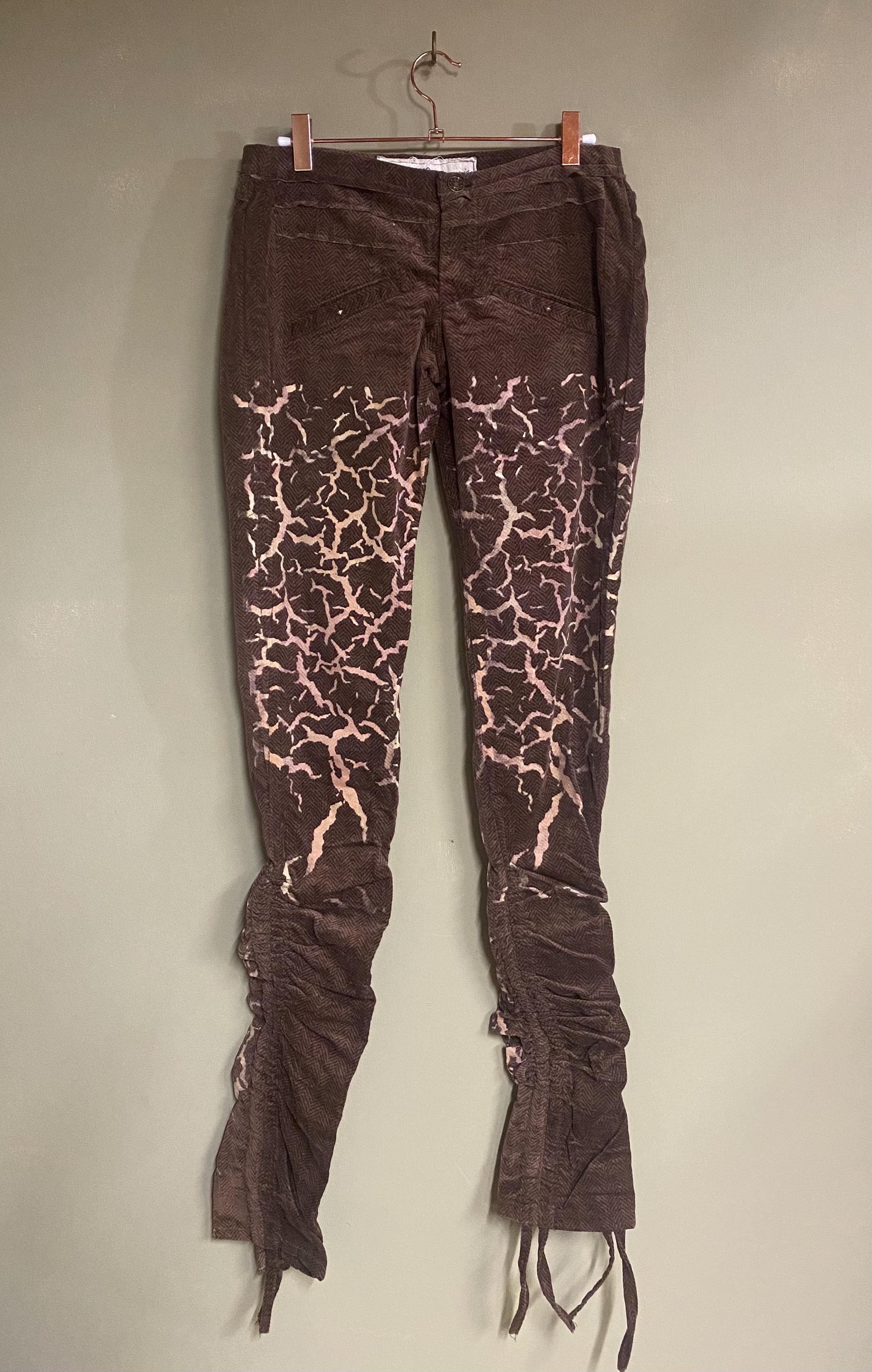 Threads of Creation Handmade Herringbone Corduroy Pants | Screenprinted Organic Pattern | Ruched Skinny Pants with Guatemalan Textile Accent