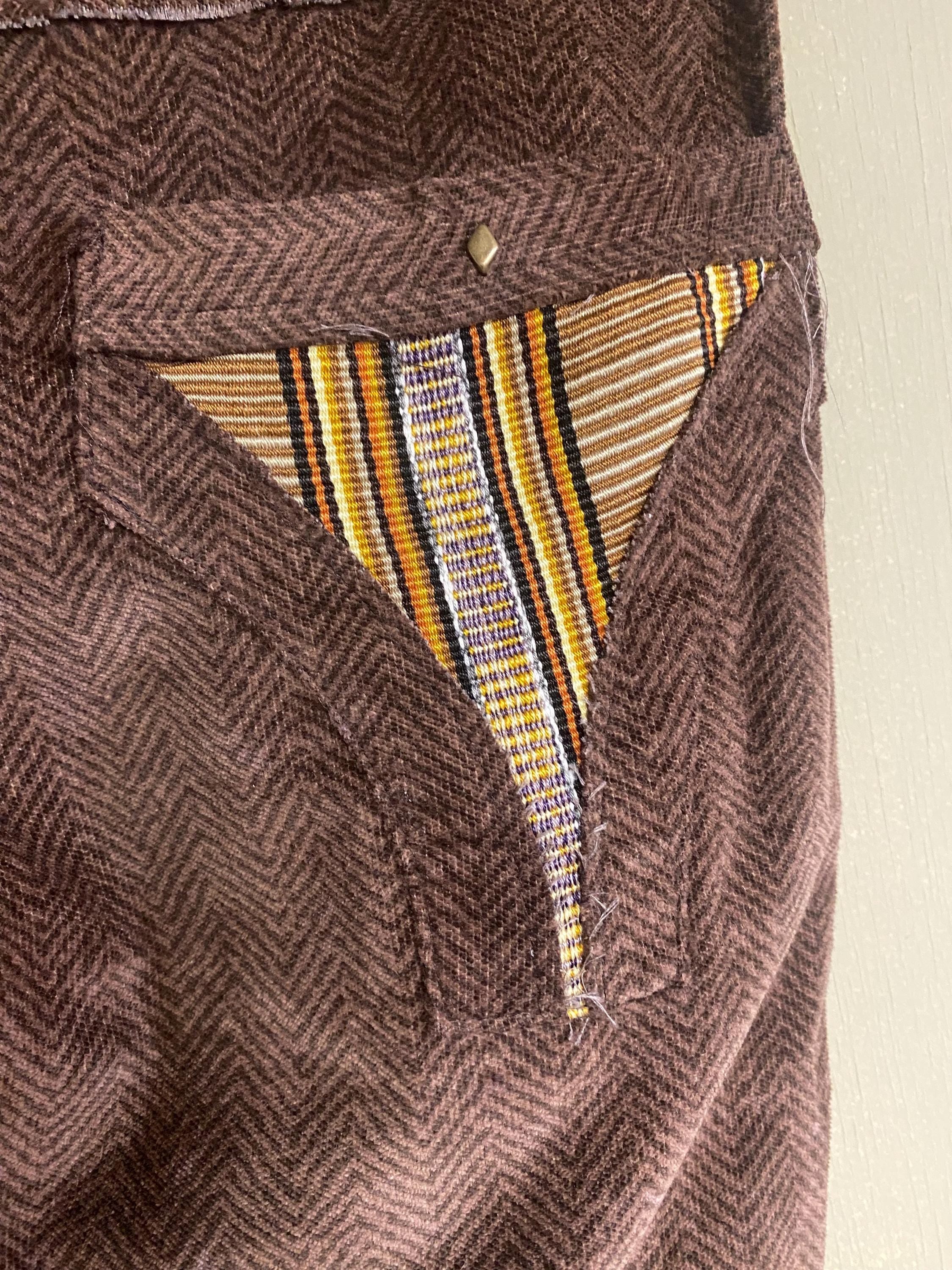 Threads of Creation Handmade Herringbone Corduroy Pants | Screenprinted Organic Pattern | Ruched Skinny Pants with Guatemalan Textile Accent