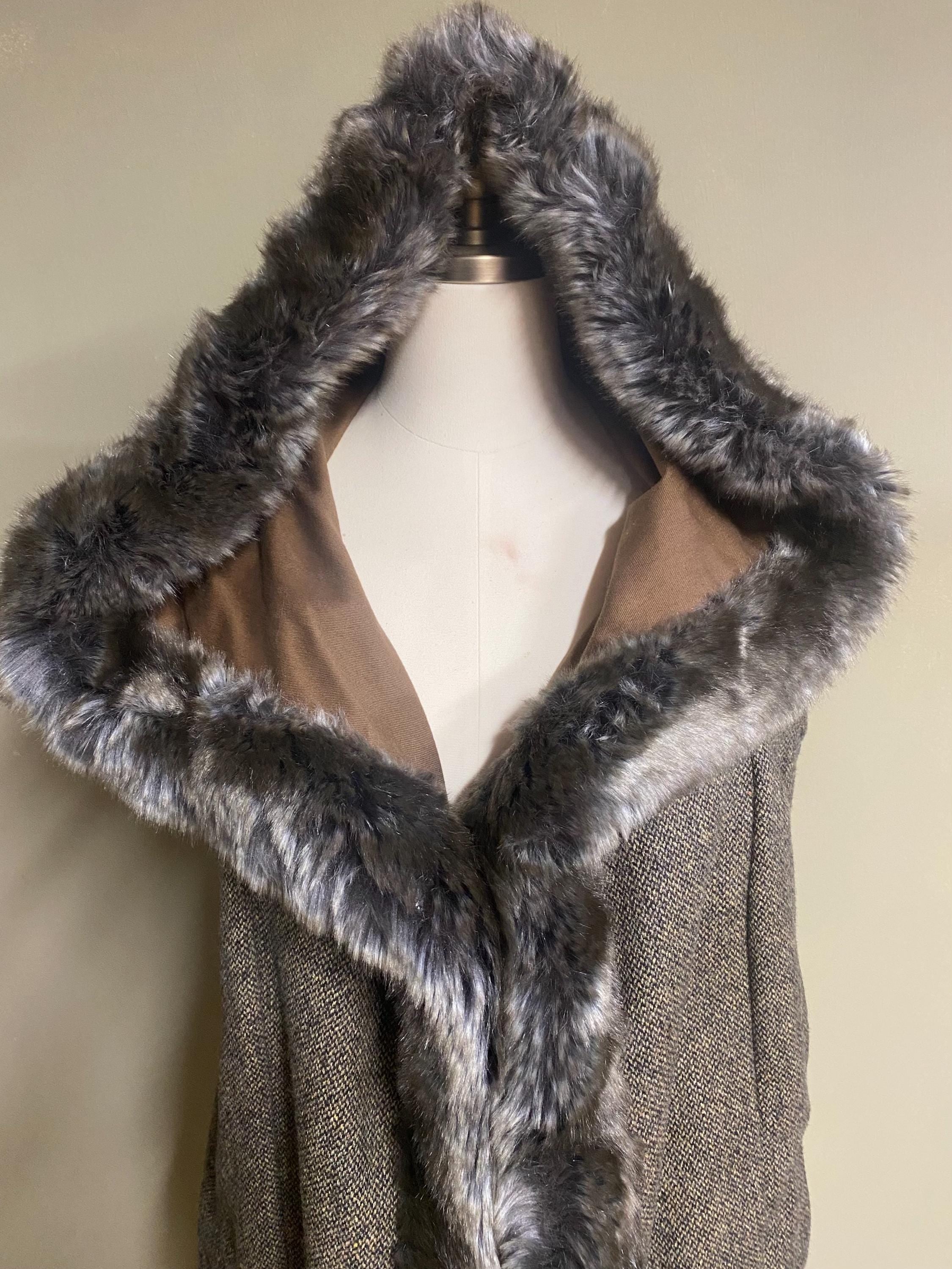 Grey Tweed Hooded Cape Vest with Faux Fur Trim, Handmade Hooded Vest, Boho Layering Piece, Threads of Creation Capsule