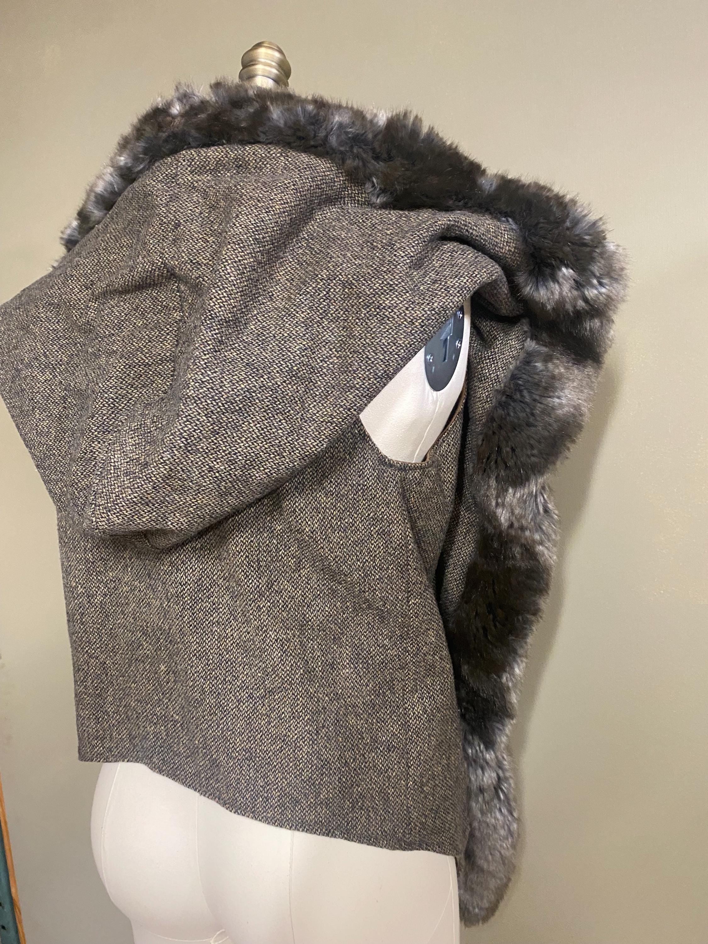 Grey Tweed Hooded Cape Vest with Faux Fur Trim, Handmade Hooded Vest, Boho Layering Piece, Threads of Creation Capsule