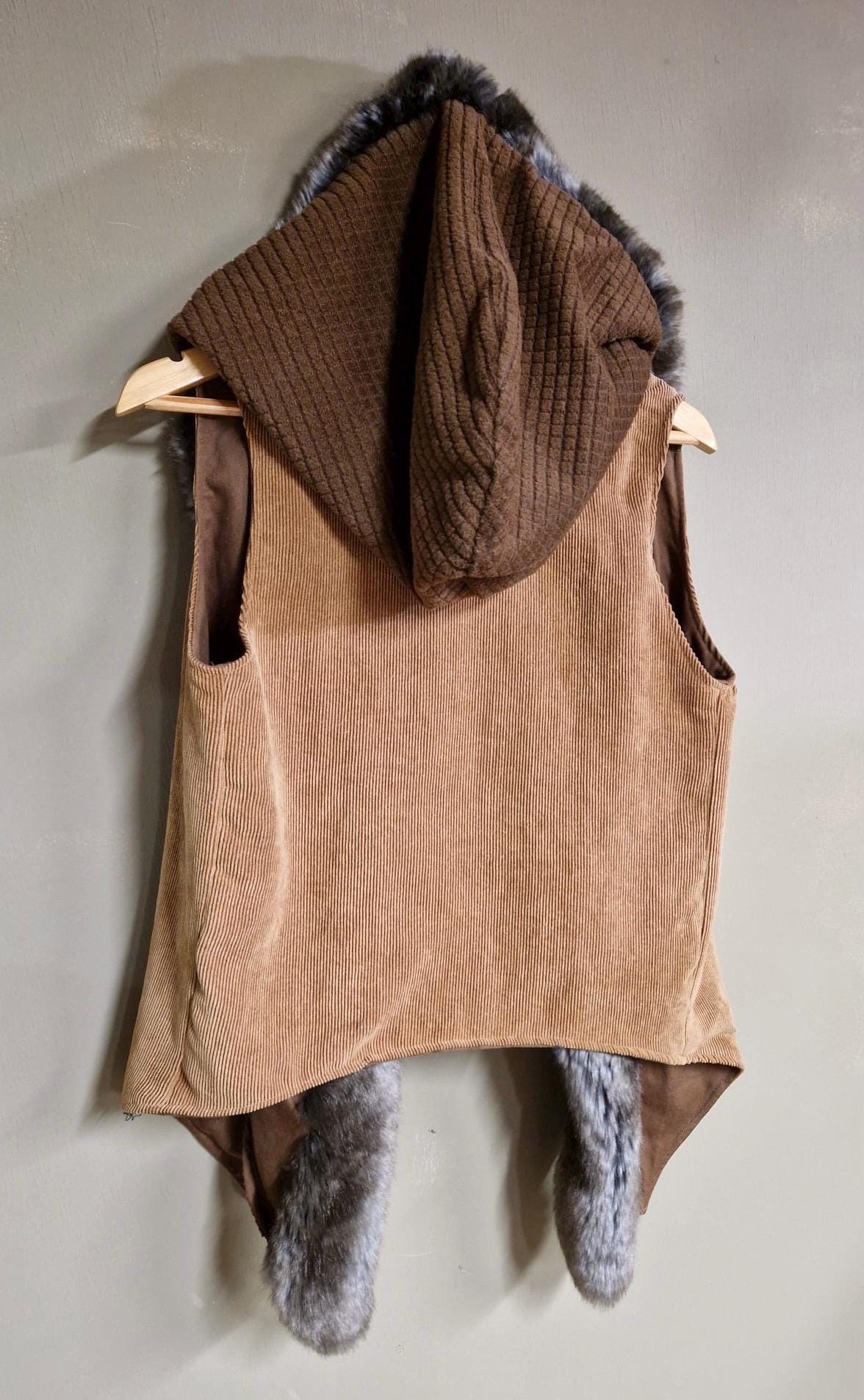 Long Hooded Fur Edged Vest in Beige Corduroy and Brown Squares