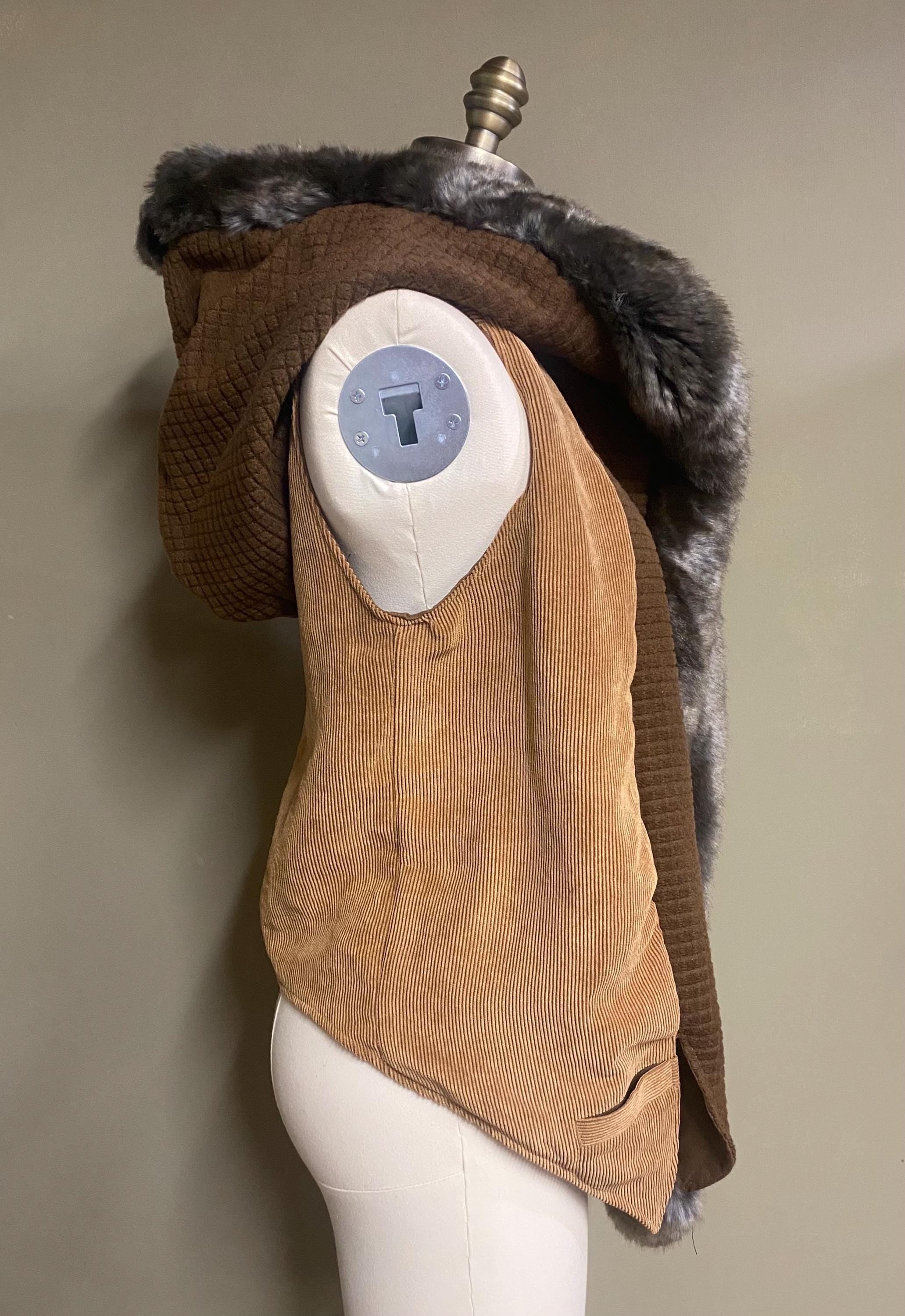 Long Hooded Fur Edged Vest in Beige Corduroy and Brown Squares