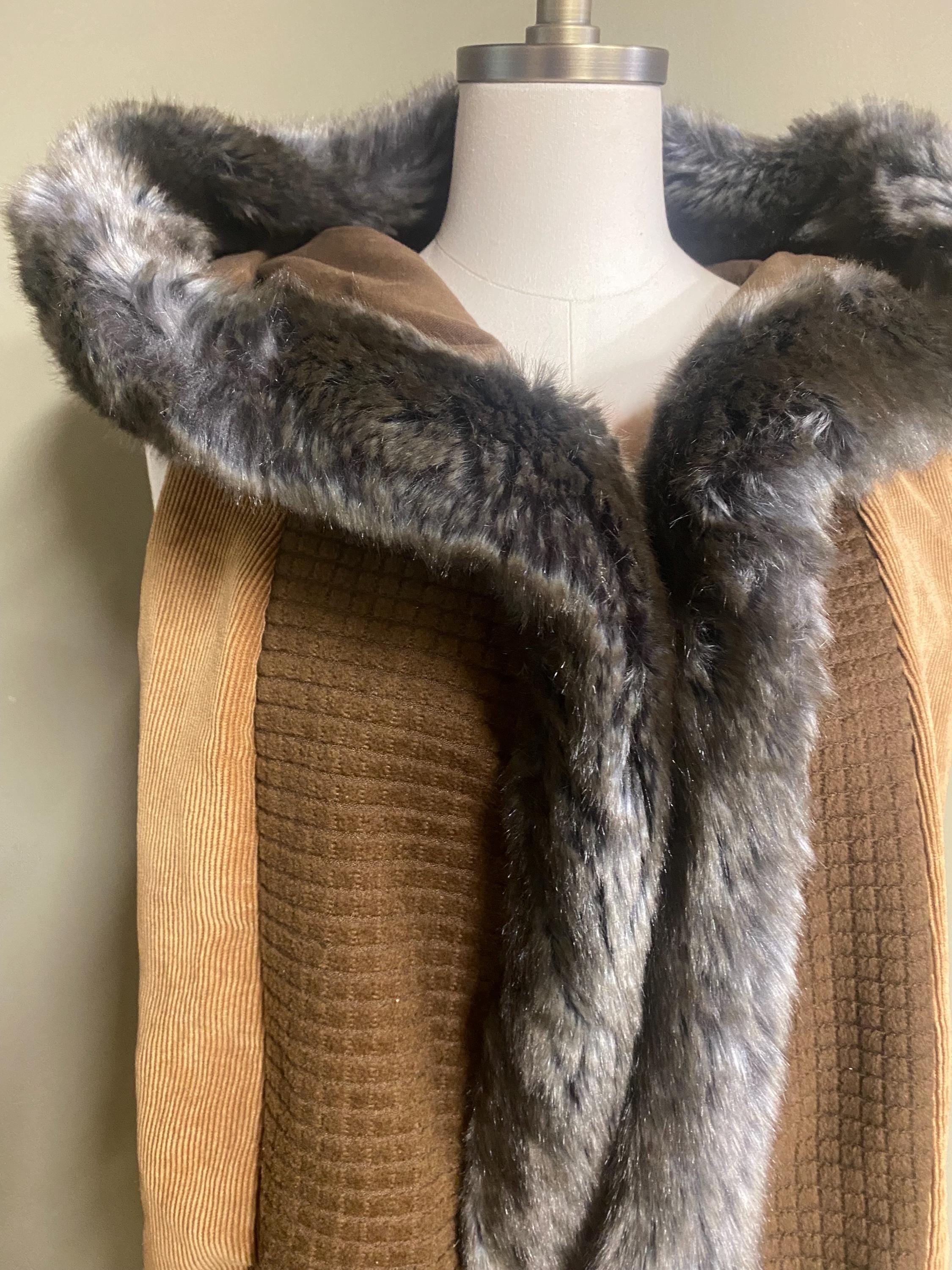 Long Hooded Fur Edged Vest in Beige Corduroy and Brown Squares