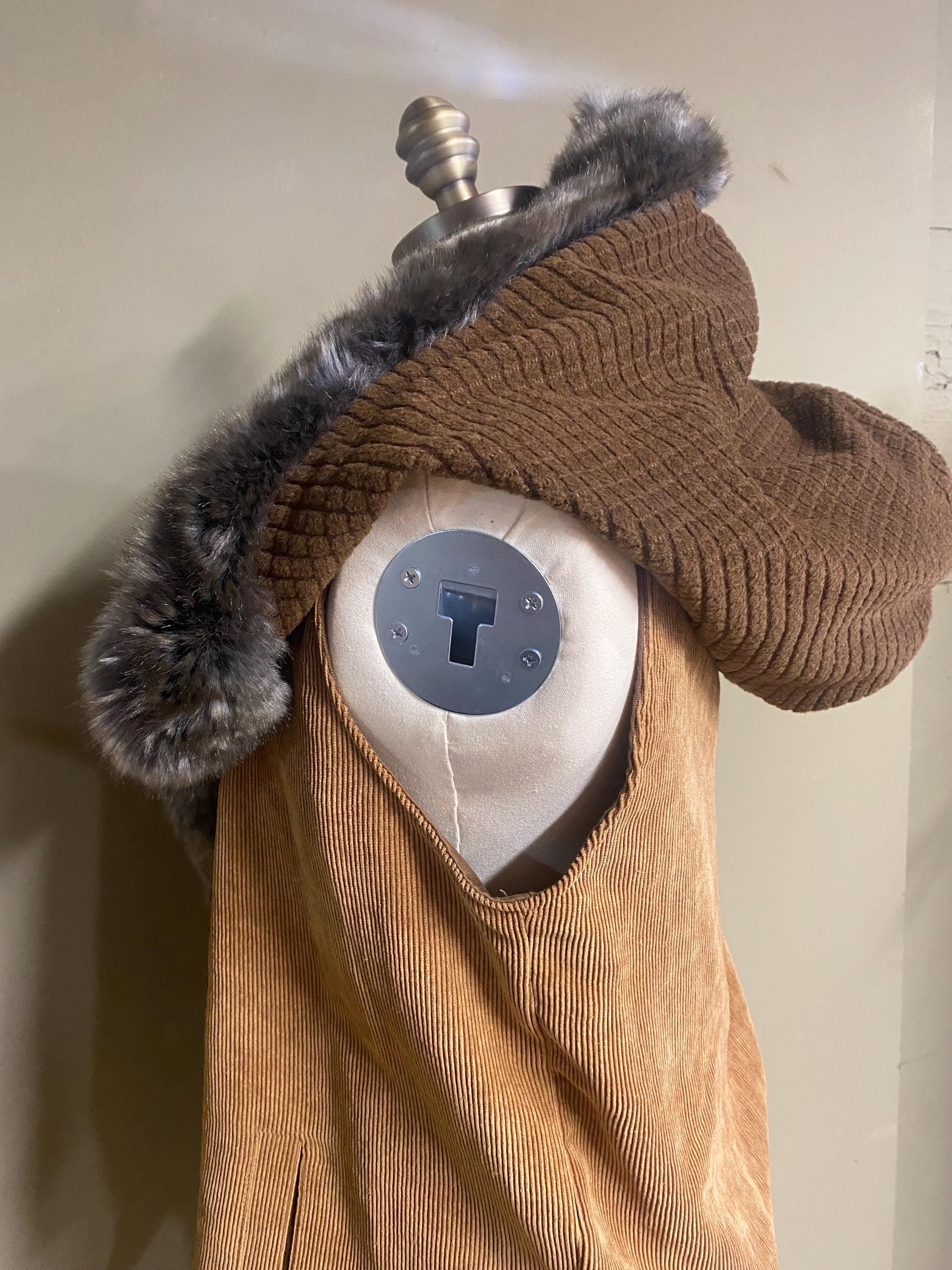 Long Hooded Fur Edged Vest in Beige Corduroy and Brown Squares