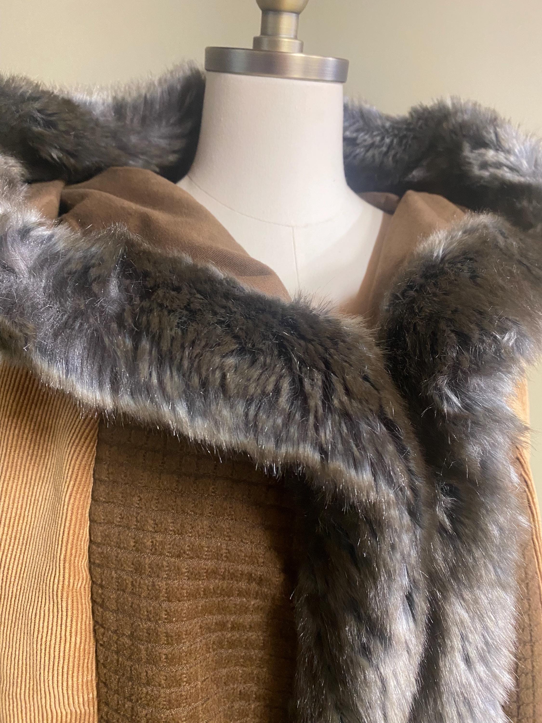 Long Hooded Fur Edged Vest in Beige Corduroy and Brown Squares