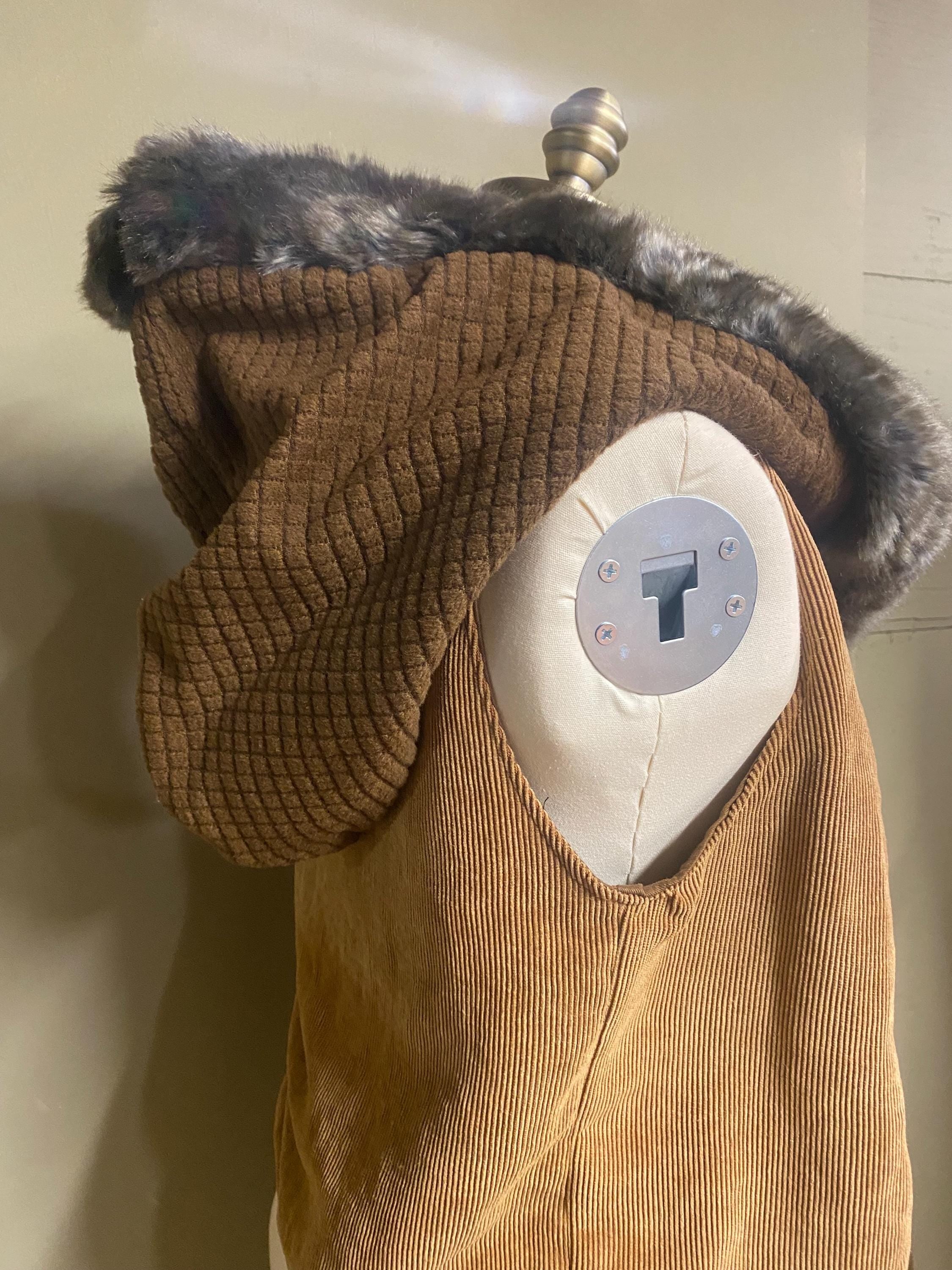 Long Hooded Fur Edged Vest in Beige Corduroy and Brown Squares