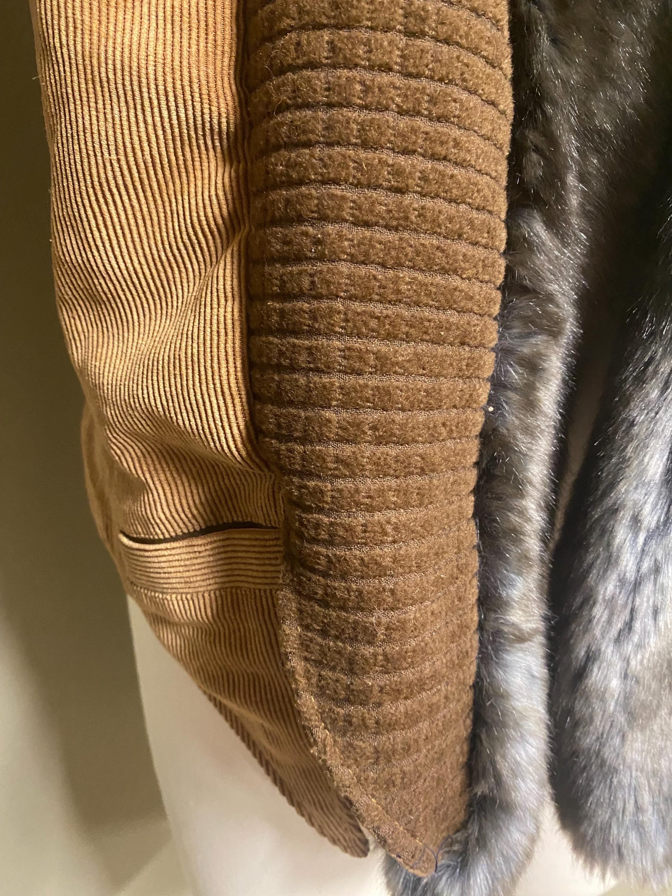 Long Hooded Fur Edged Vest in Beige Corduroy and Brown Squares