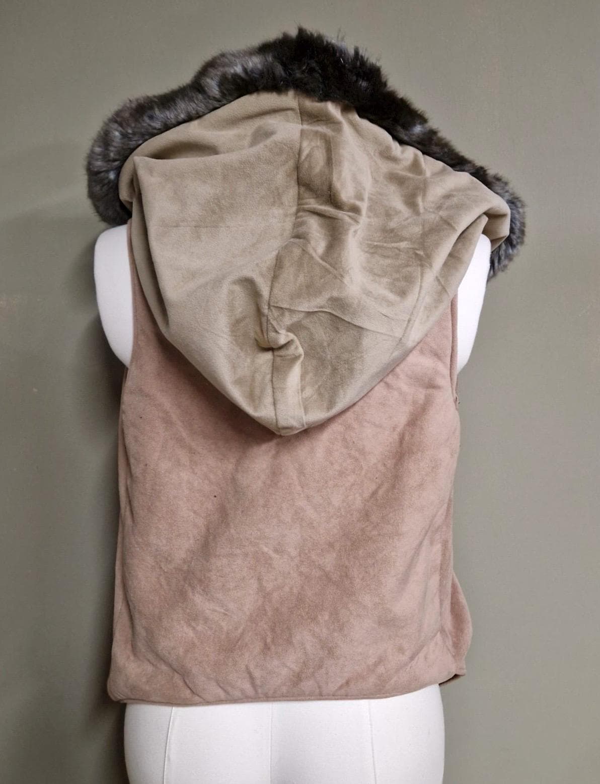 Threads of Creation Upcycled Suede Hooded Vest Faux Fur Trim Handmade Hooded Cape Vest Artisan Layering Piece