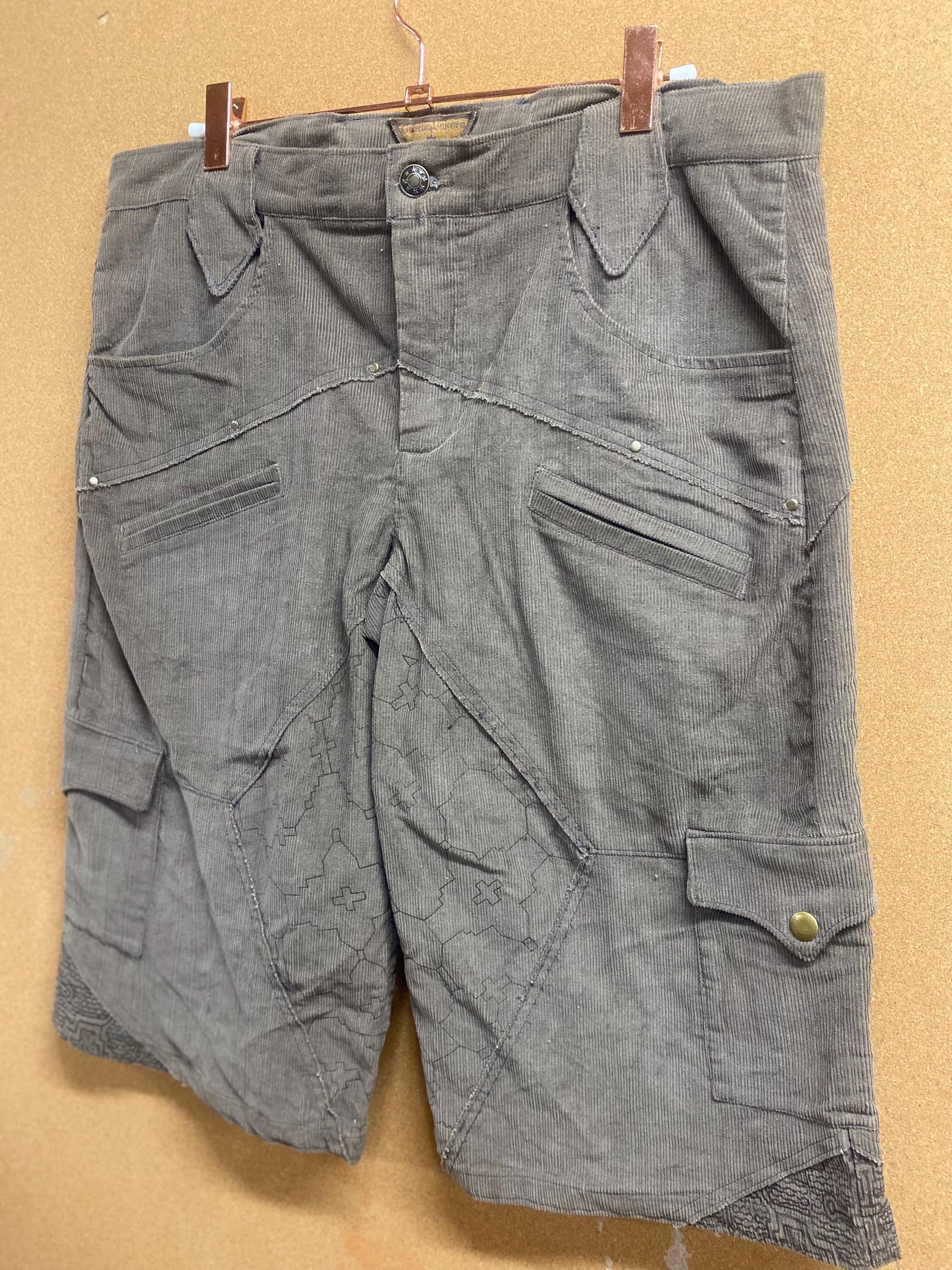 Mens Upcycled Corduroy Shorts with Shipibo Print in Grey Size L OOAK
