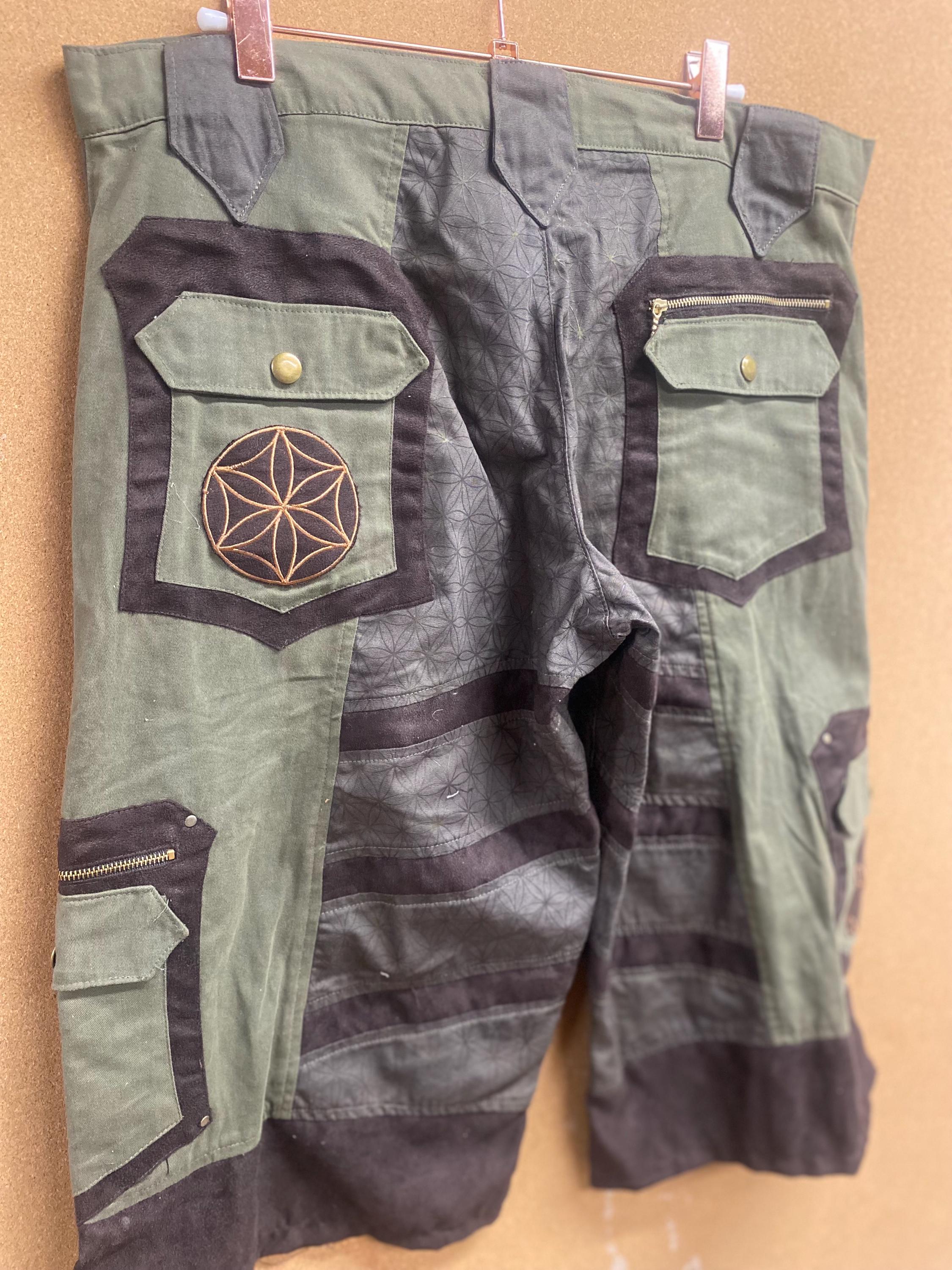 Mens Upcycled Cotton Shorts with Flower of Life in Brown and Green Size L and XL OOAK