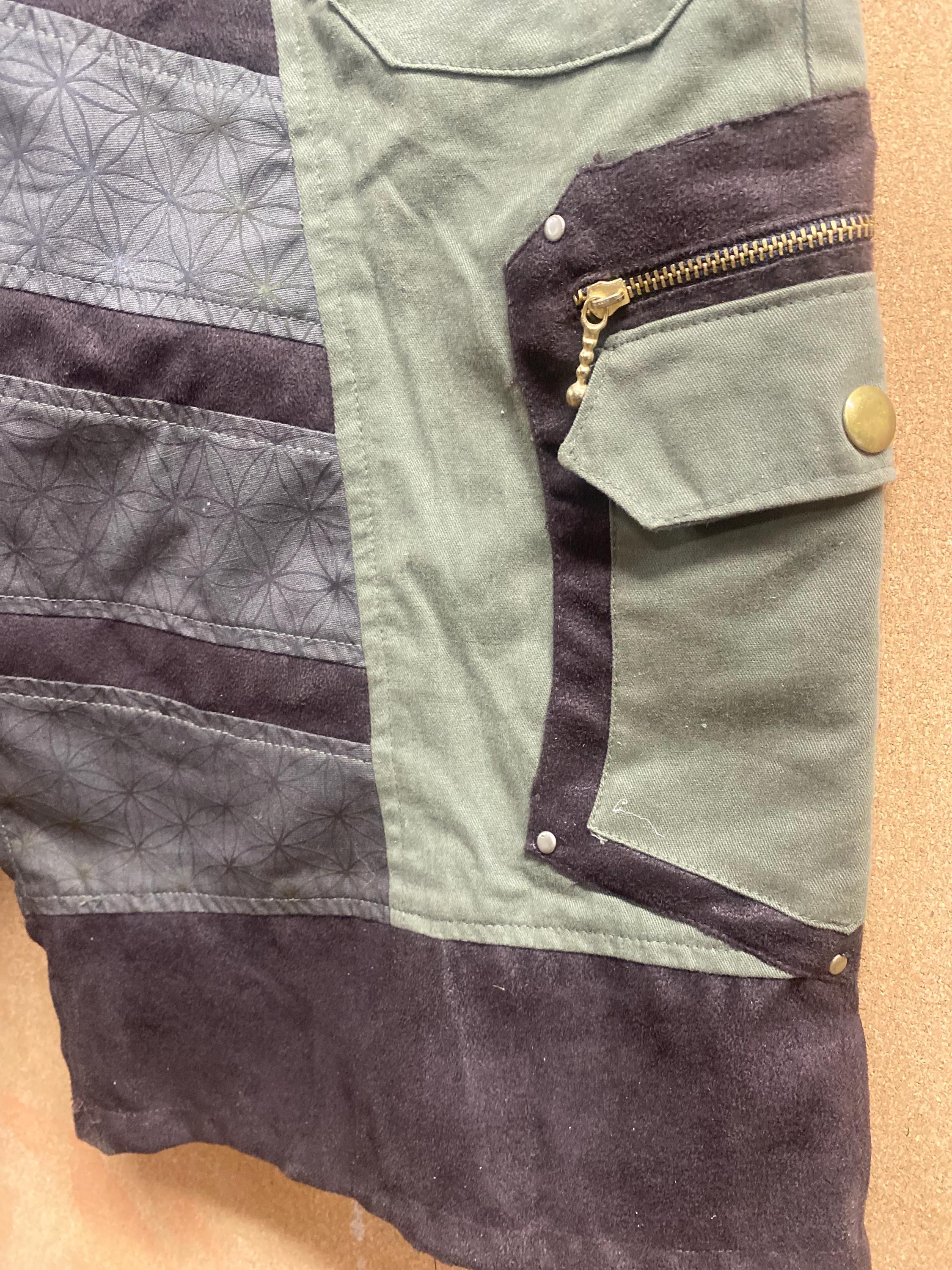 Mens Upcycled Cotton Shorts with Flower of Life in Brown and Green Size L and XL OOAK