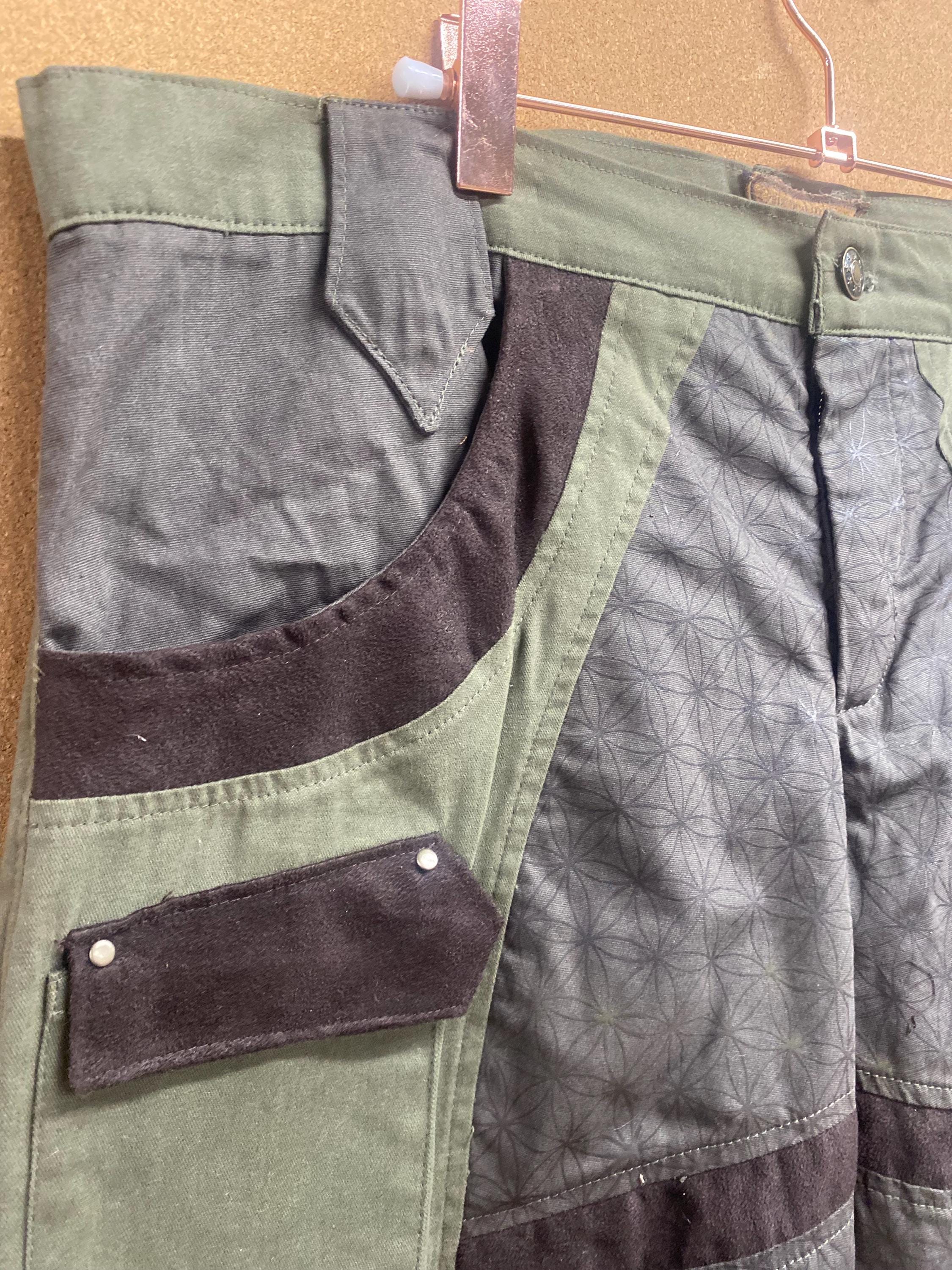 Mens Upcycled Cotton Shorts with Flower of Life in Brown and Green Size L and XL OOAK
