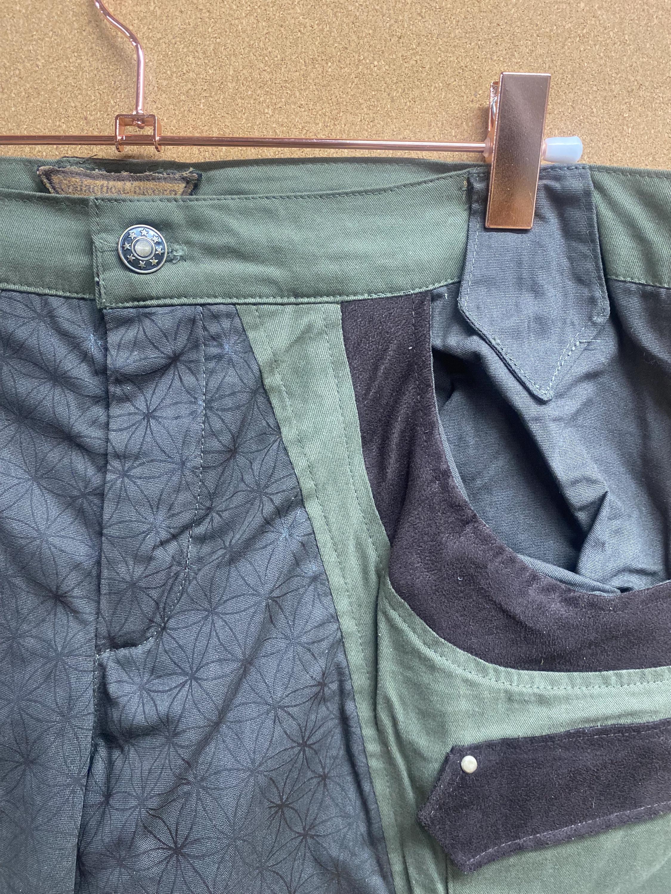 Mens Upcycled Cotton Shorts with Flower of Life in Brown and Green Size L and XL OOAK