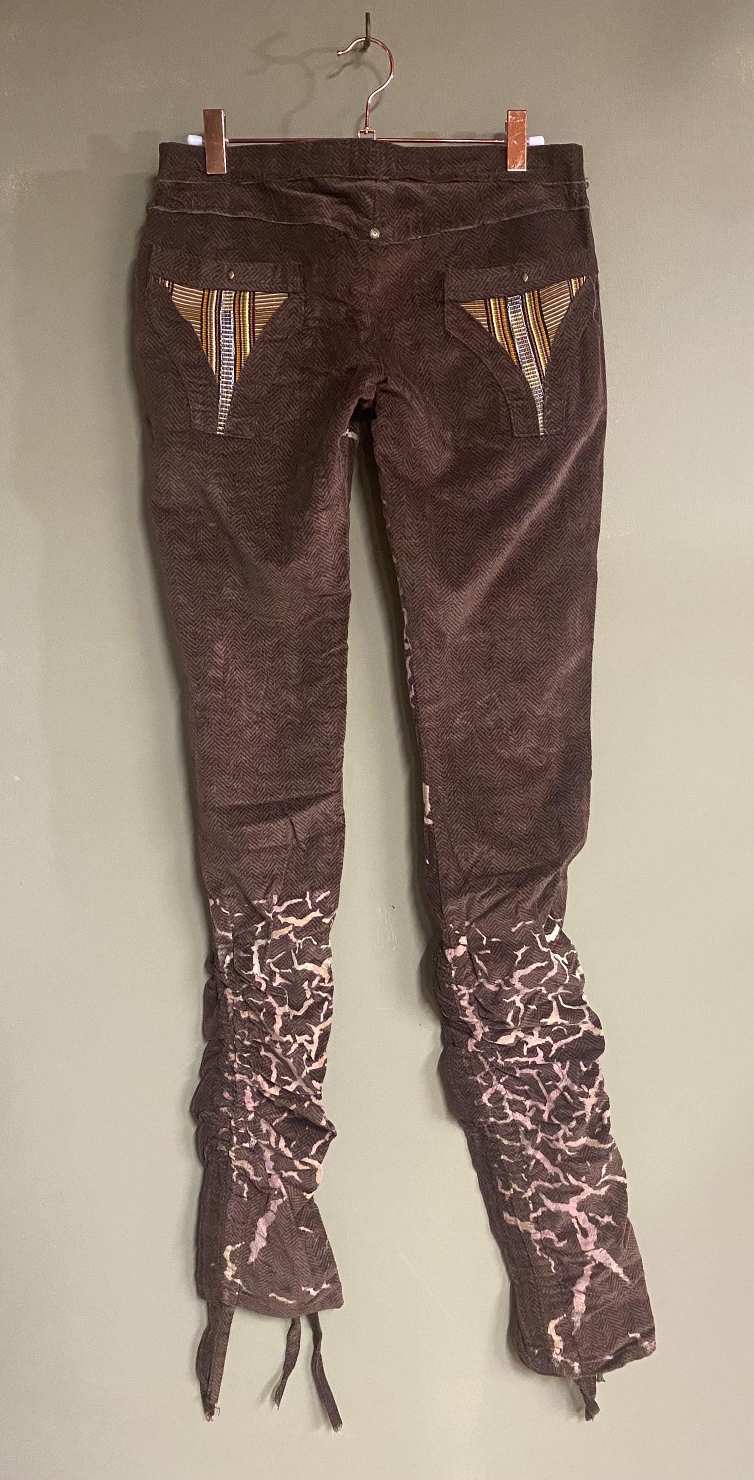 Threads of Creation Handmade Herringbone Corduroy Pants | Screenprinted Organic Pattern | Ruched Skinny Pants with Guatemalan Textile Accent