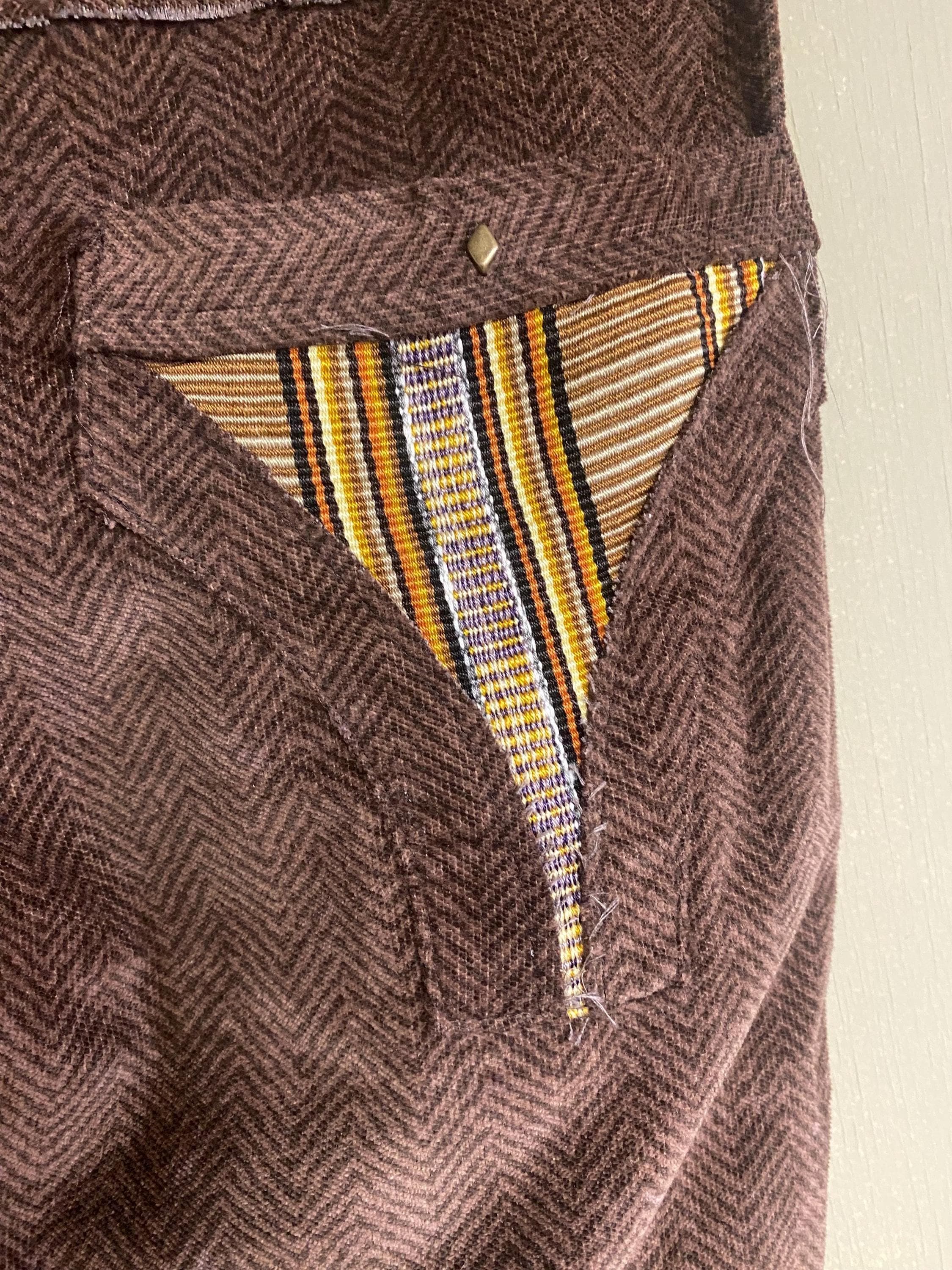 Threads of Creation Handmade Herringbone Corduroy Pants | Screenprinted Organic Pattern | Ruched Skinny Pants with Guatemalan Textile Accent