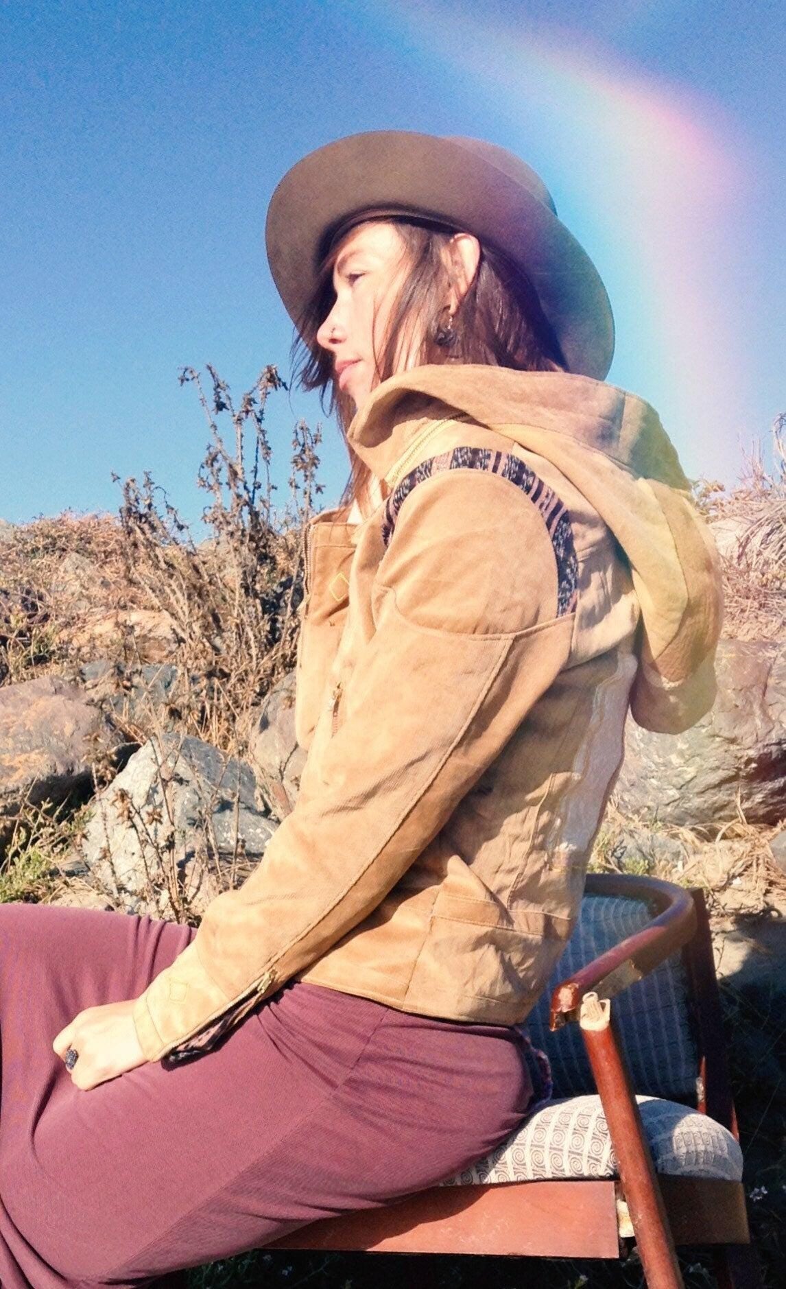 Golden Tone Handmade Biker Style Jacket with Zip Off Hood and Embroidery