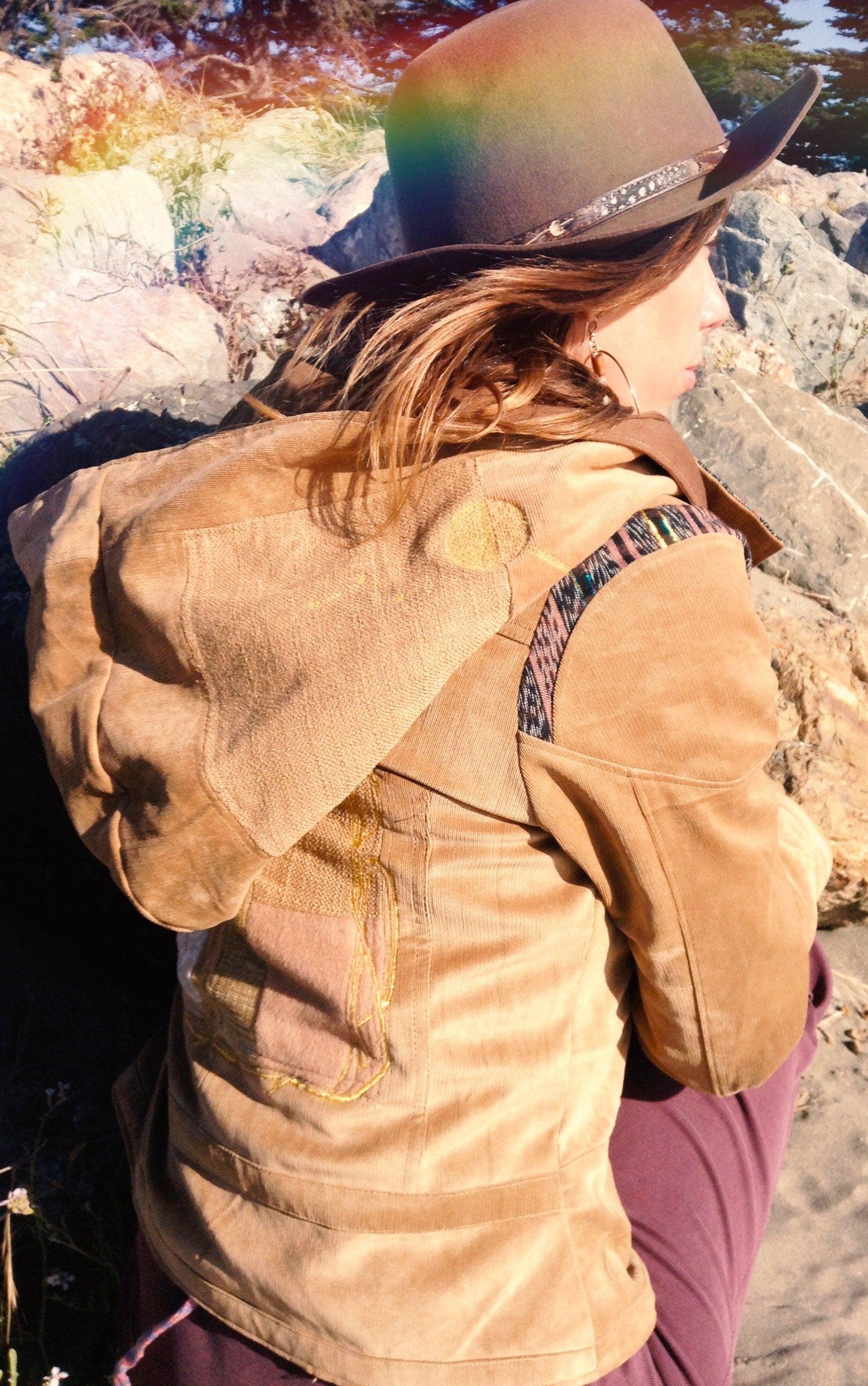 Golden Tone Handmade Biker Style Jacket with Zip Off Hood and Embroidery