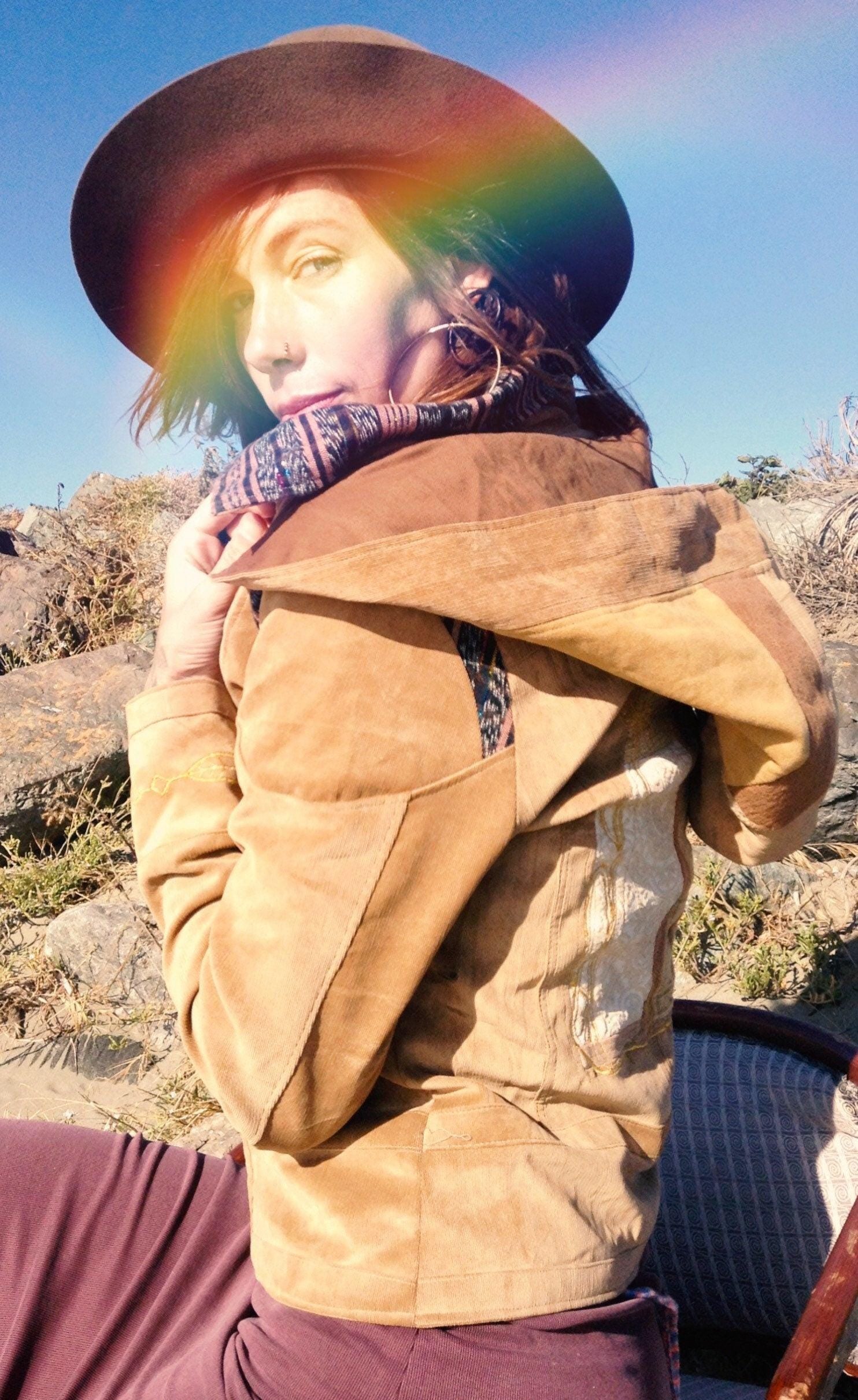 Golden Tone Handmade Biker Style Jacket with Zip Off Hood and Embroidery