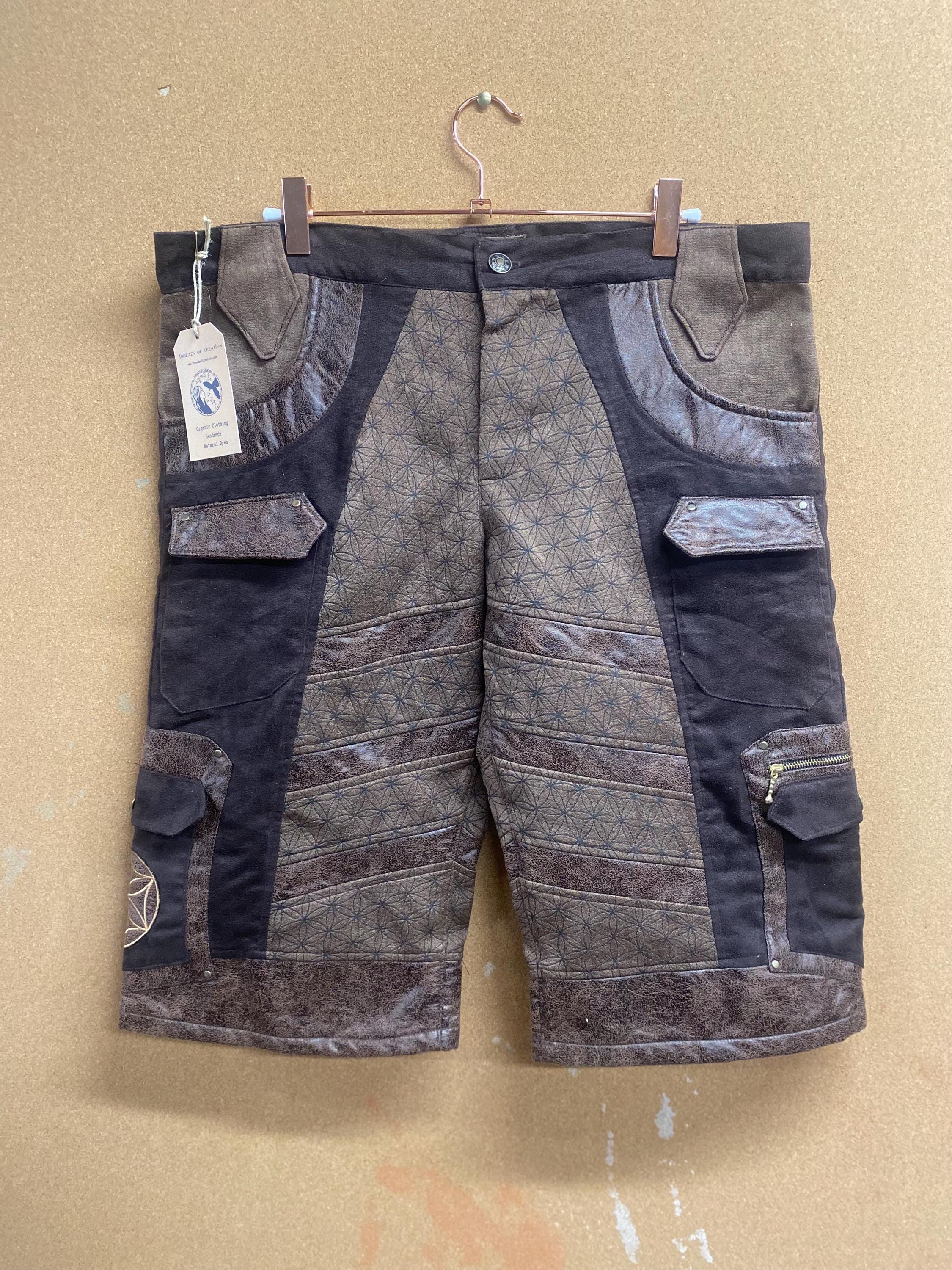 Men’s Upcycled Suede Shorts with Flower of Life in Brown Suede with Embroidery and Screenprint