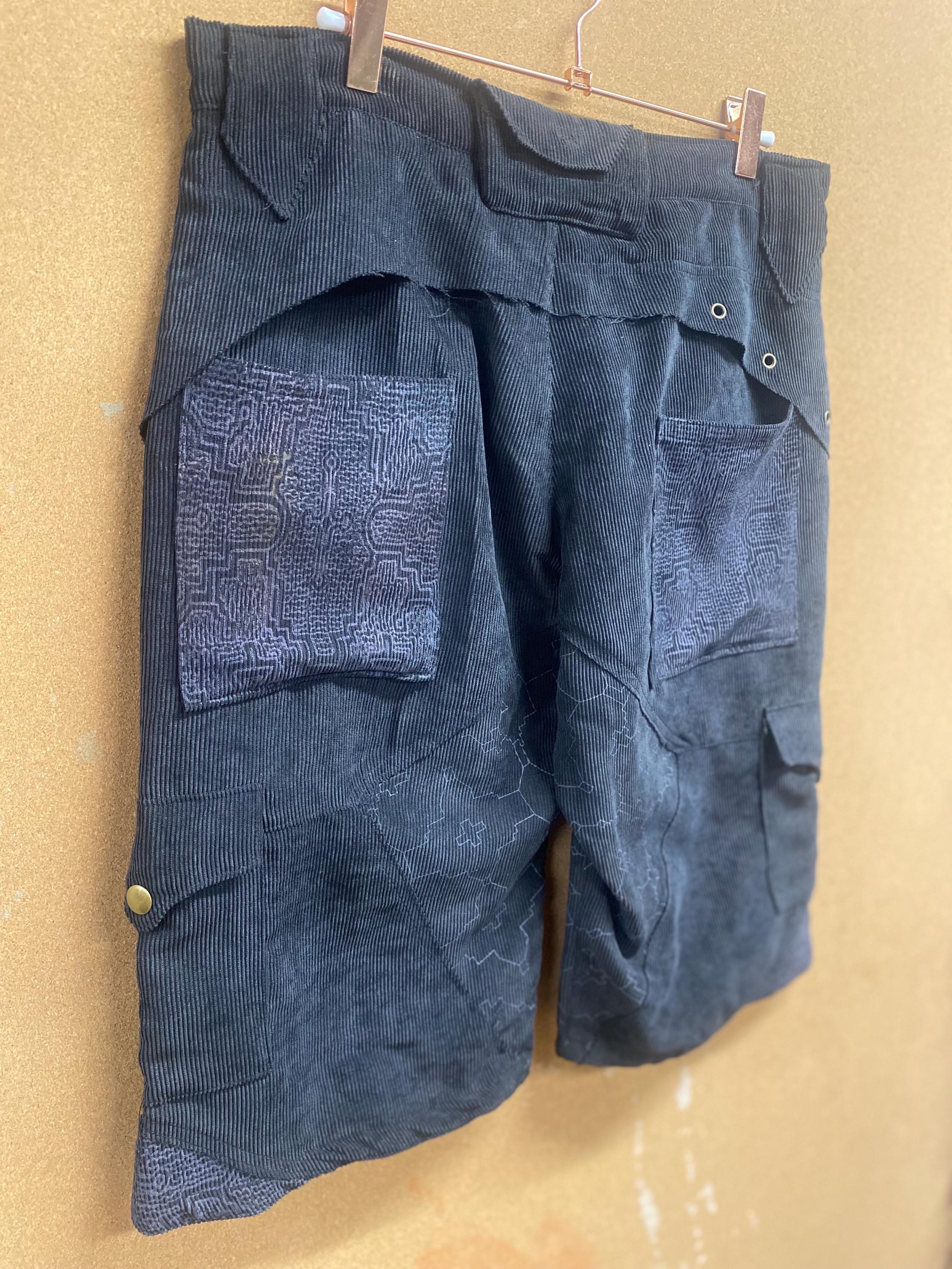 Mens Upcycled Corduroy Shorts with Shipibo Print in Grey Size M OOAK