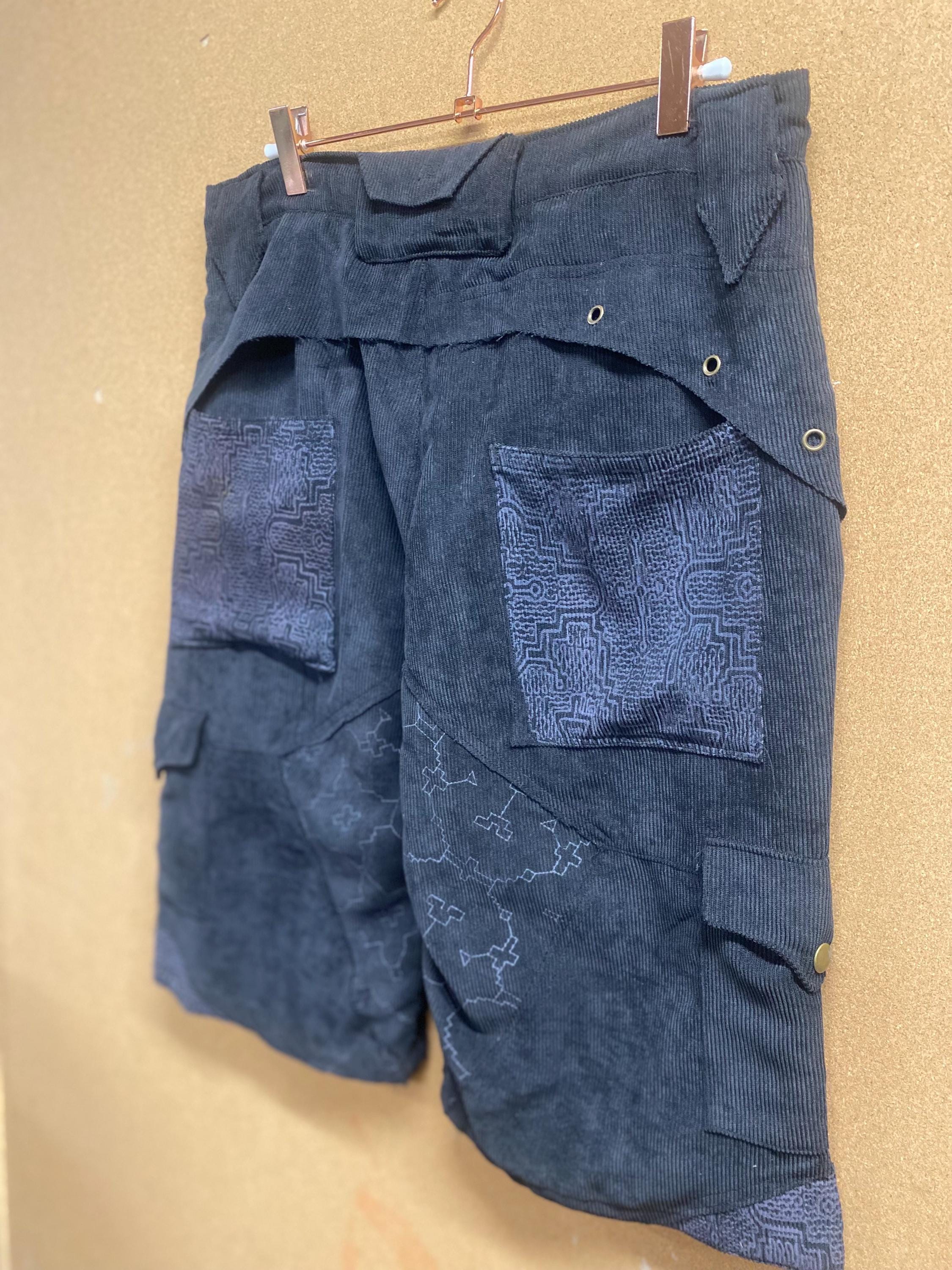 Mens Upcycled Corduroy Shorts with Shipibo Print in Grey Size M OOAK