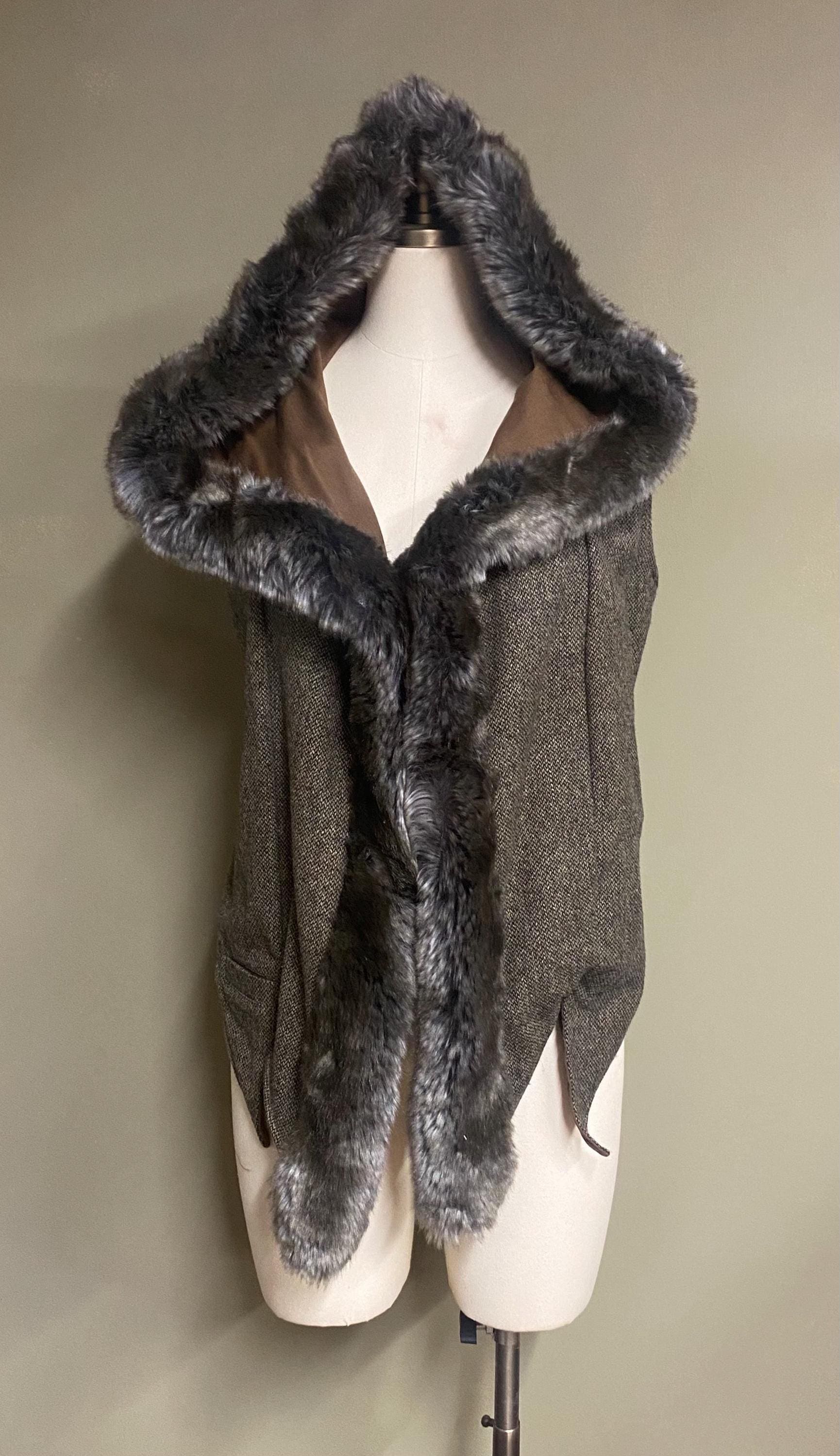 Grey Tweed Hooded Cape Vest with Faux Fur Trim, Handmade Hooded Vest, Boho Layering Piece, Threads of Creation Capsule