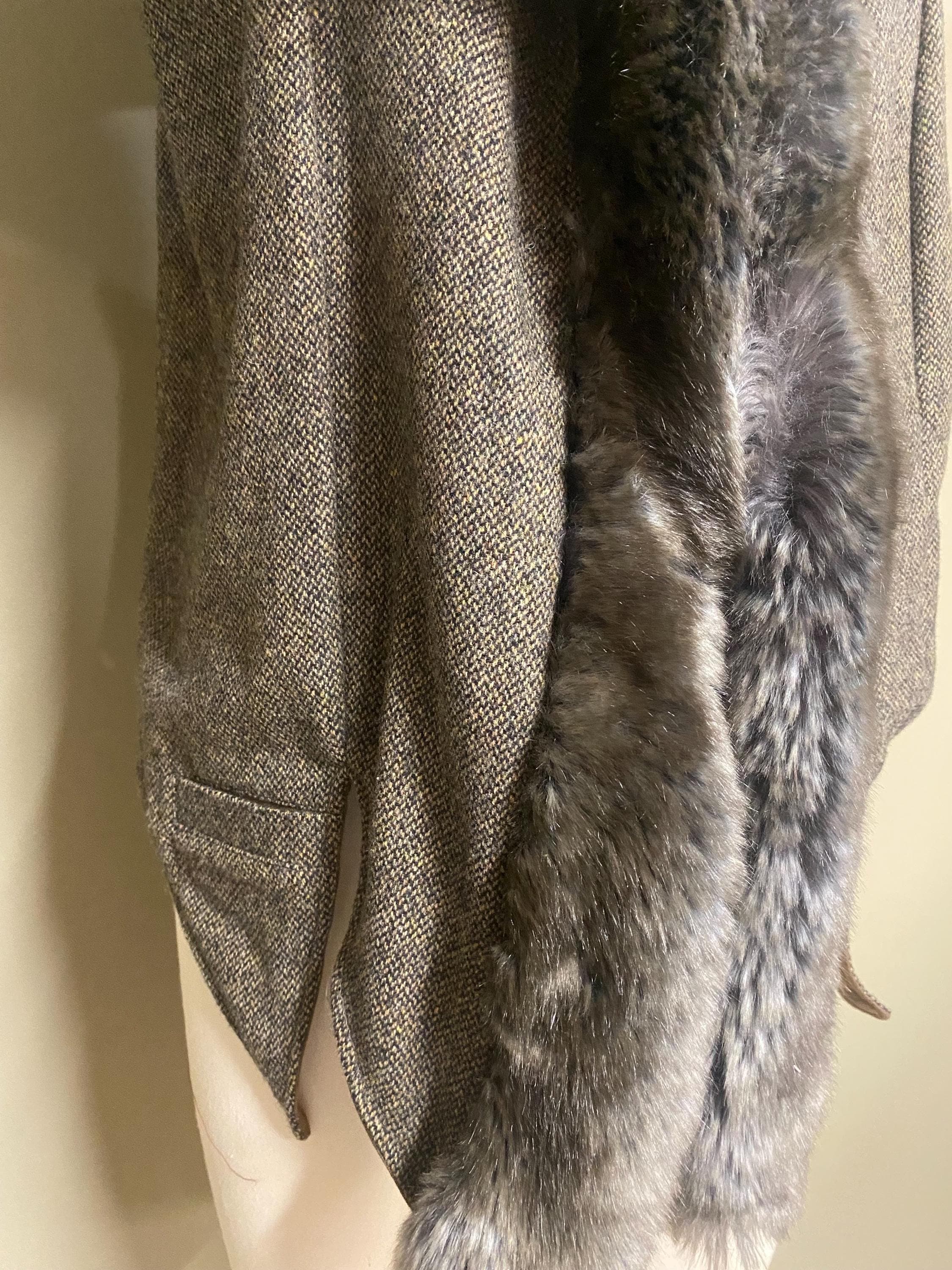 Grey Tweed Hooded Cape Vest with Faux Fur Trim, Handmade Hooded Vest, Boho Layering Piece, Threads of Creation Capsule