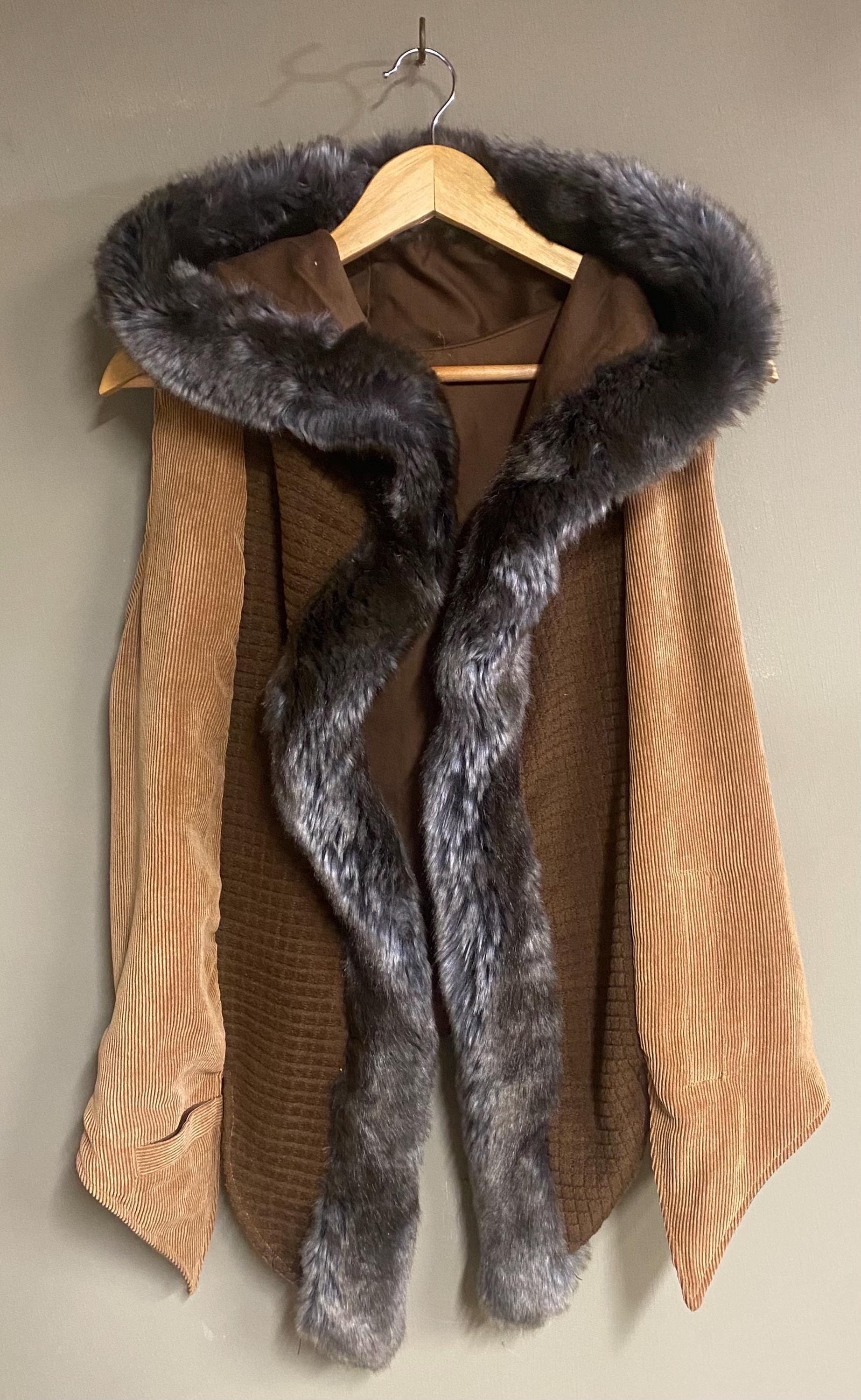 Long Hooded Fur Edged Vest in Beige Corduroy and Brown Squares