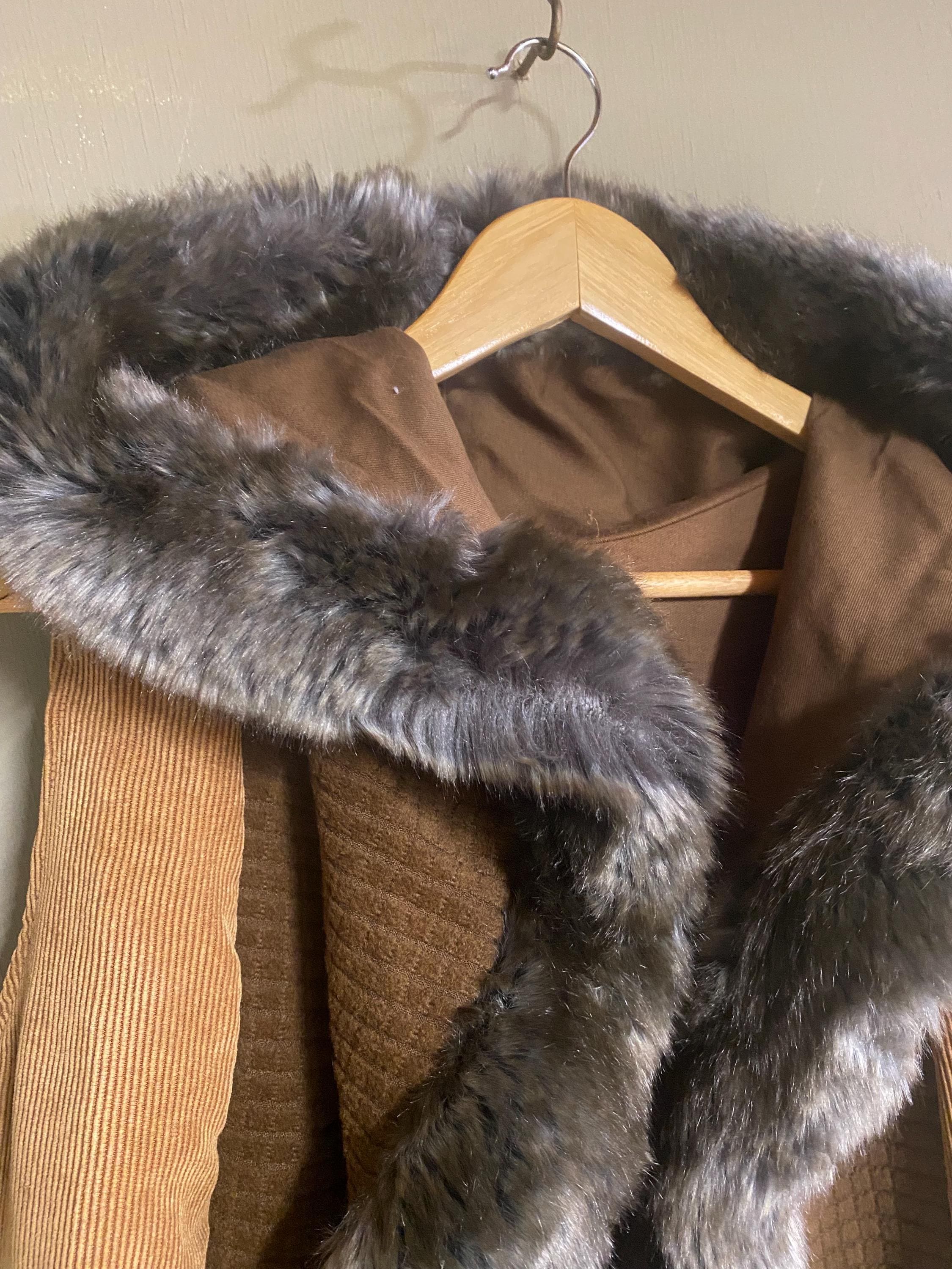 Long Hooded Fur Edged Vest in Beige Corduroy and Brown Squares