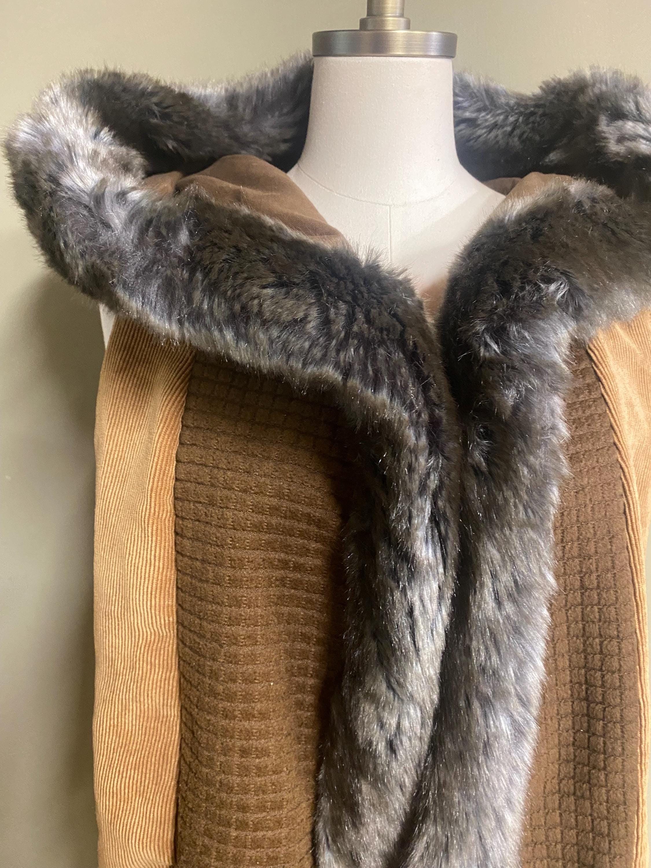 Long Hooded Fur Edged Vest in Beige Corduroy and Brown Squares