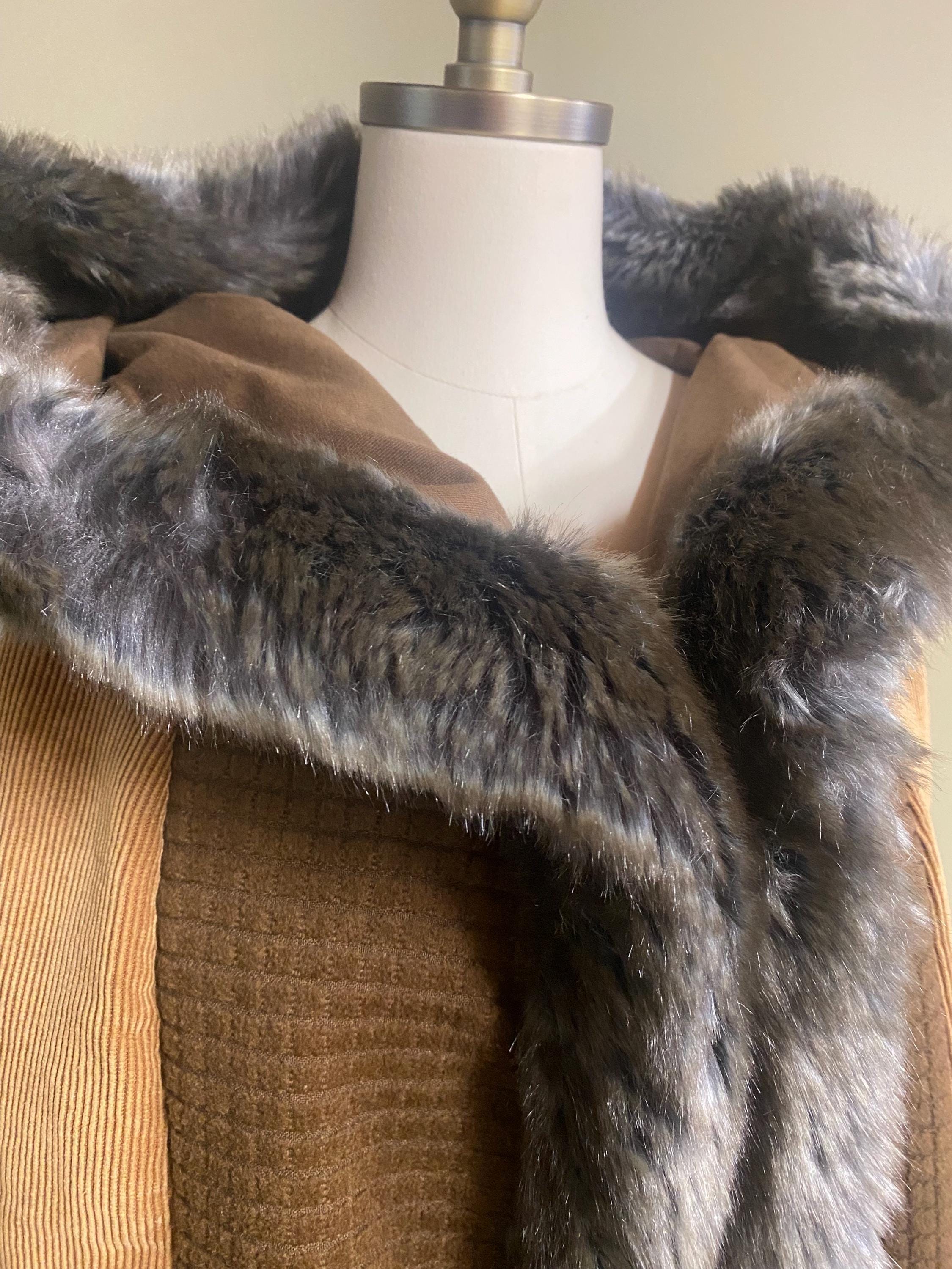 Long Hooded Fur Edged Vest in Beige Corduroy and Brown Squares