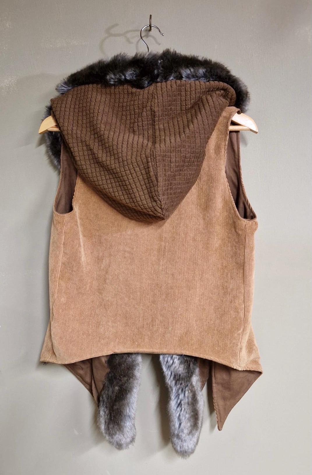 Long Hooded Fur Edged Vest in Beige Corduroy and Brown Squares