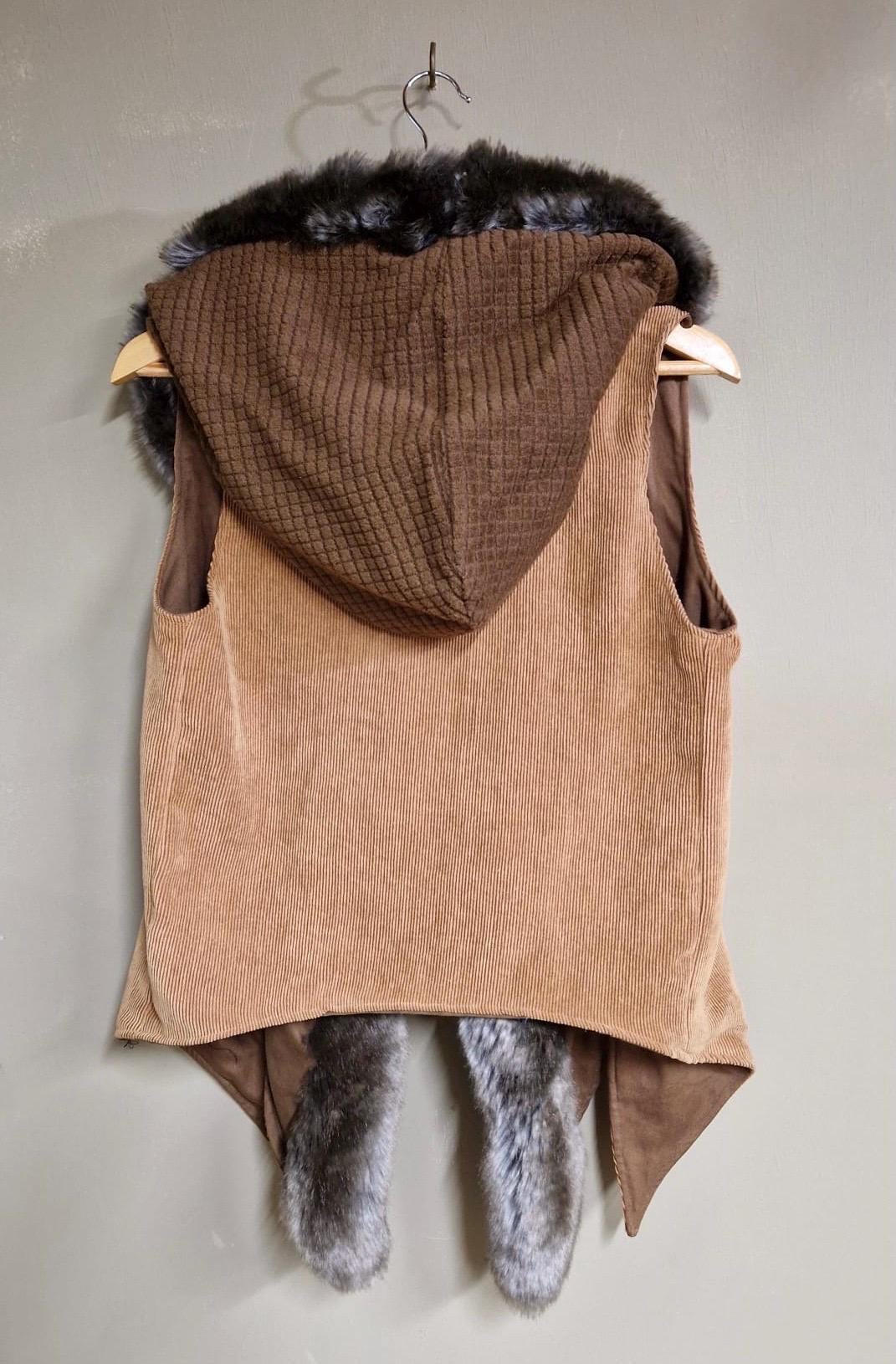 Long Hooded Fur Edged Vest in Beige Corduroy and Brown Squares