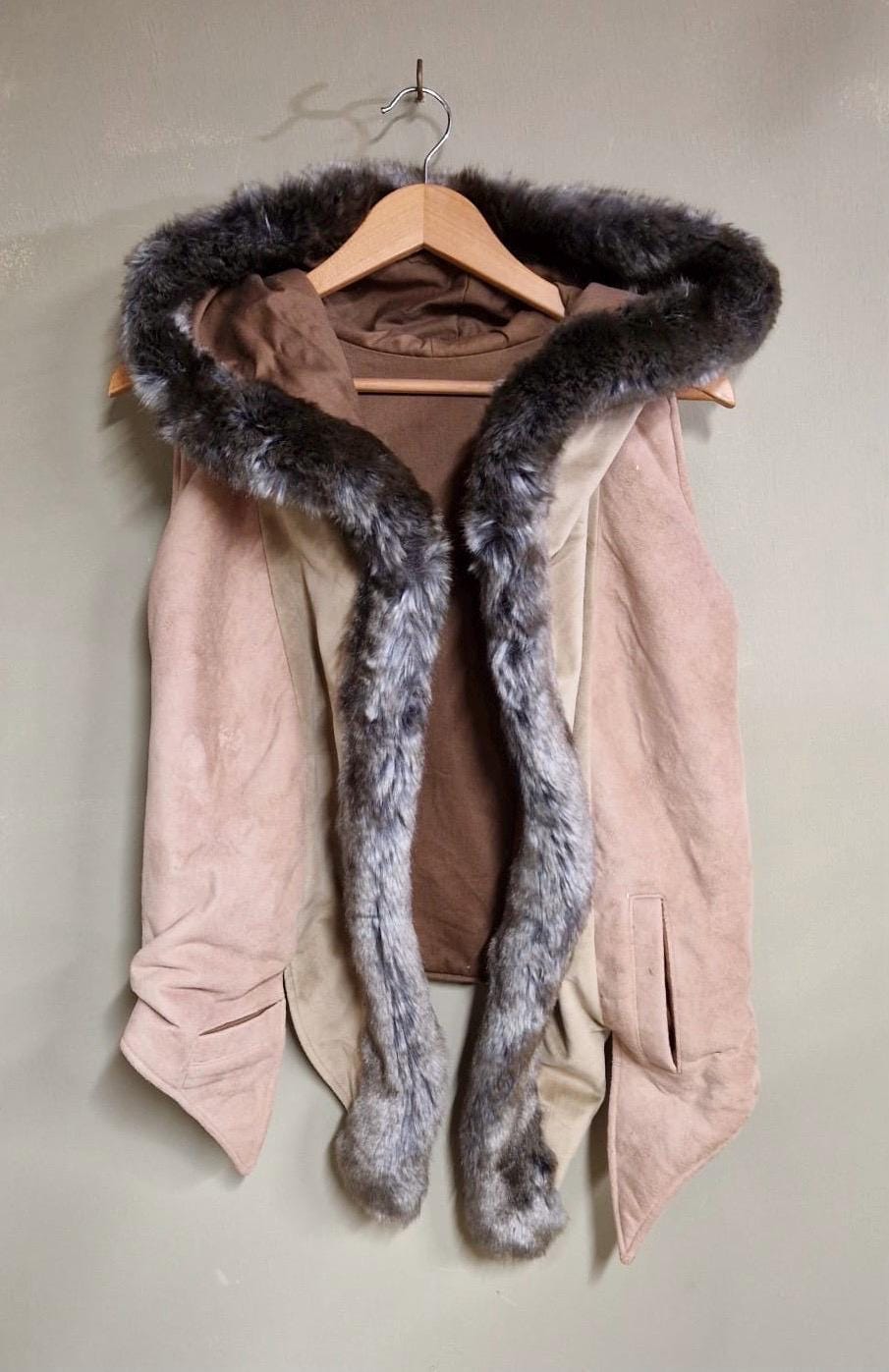 Threads of Creation Upcycled Suede Hooded Vest Faux Fur Trim Handmade Hooded Cape Vest Artisan Layering Piece