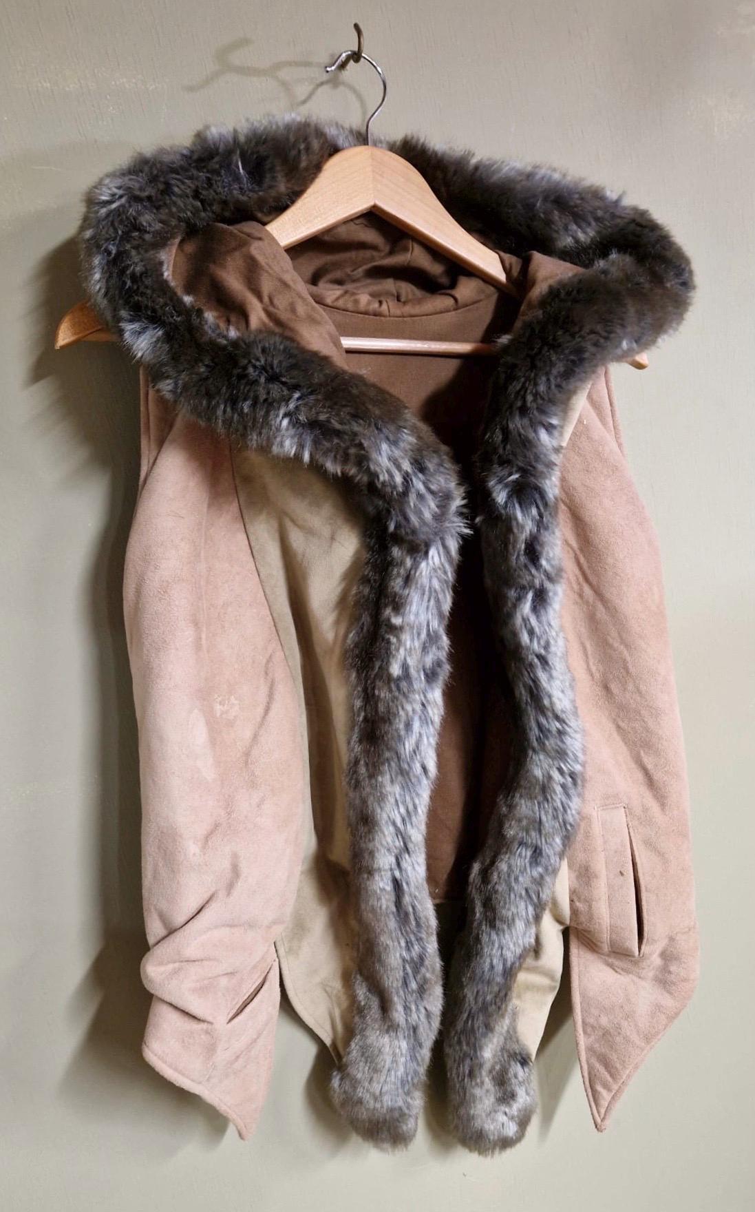 Threads of Creation Upcycled Suede Hooded Vest Faux Fur Trim Handmade Hooded Cape Vest Artisan Layering Piece